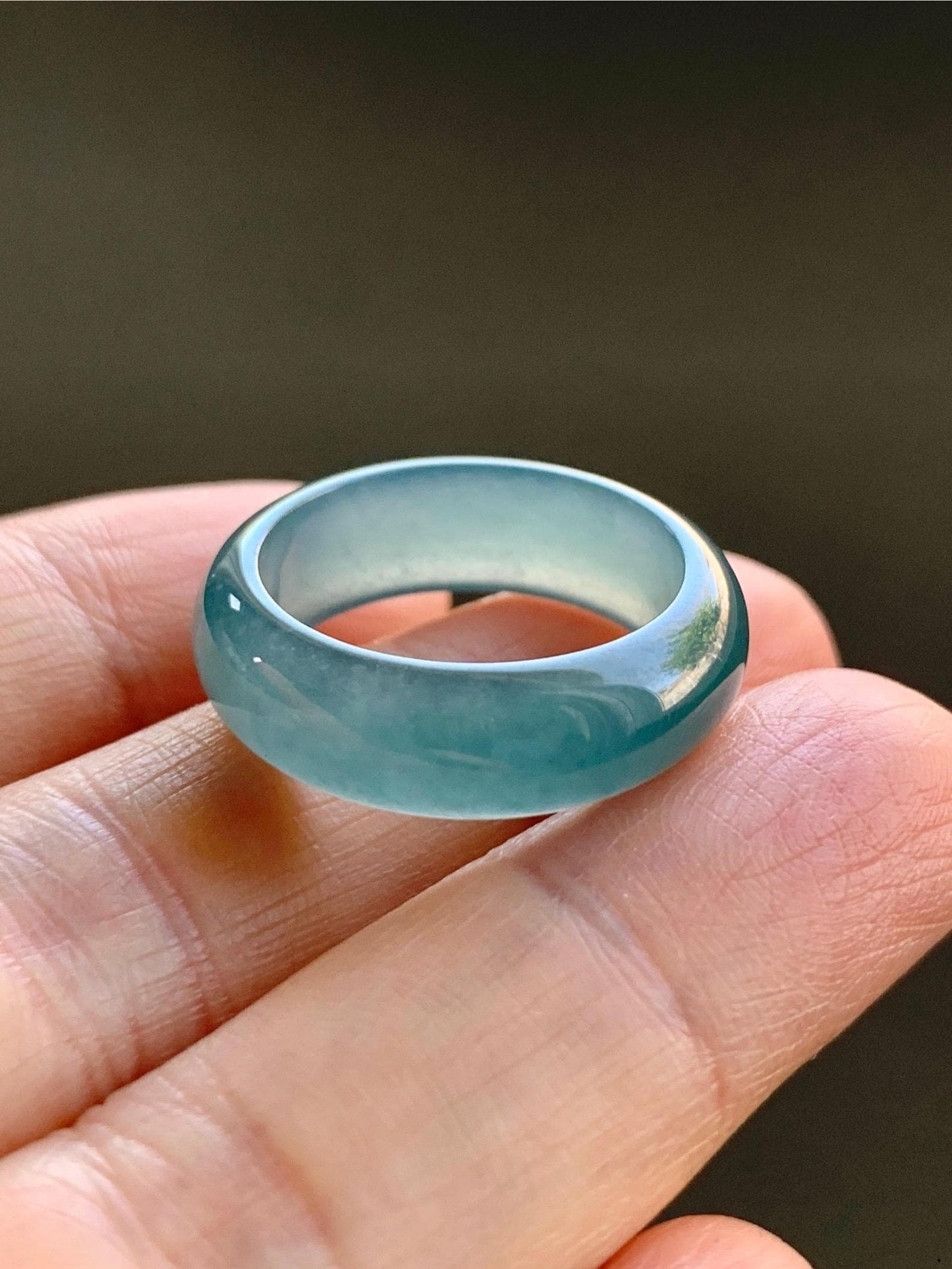 Natural Guatemalan Icy Translucent Gelatinous Dark Teal Blue Jadeite Wide Band Ring Size 7.75 US 天然冰危深蓝翡翠戒圈 SLB-B