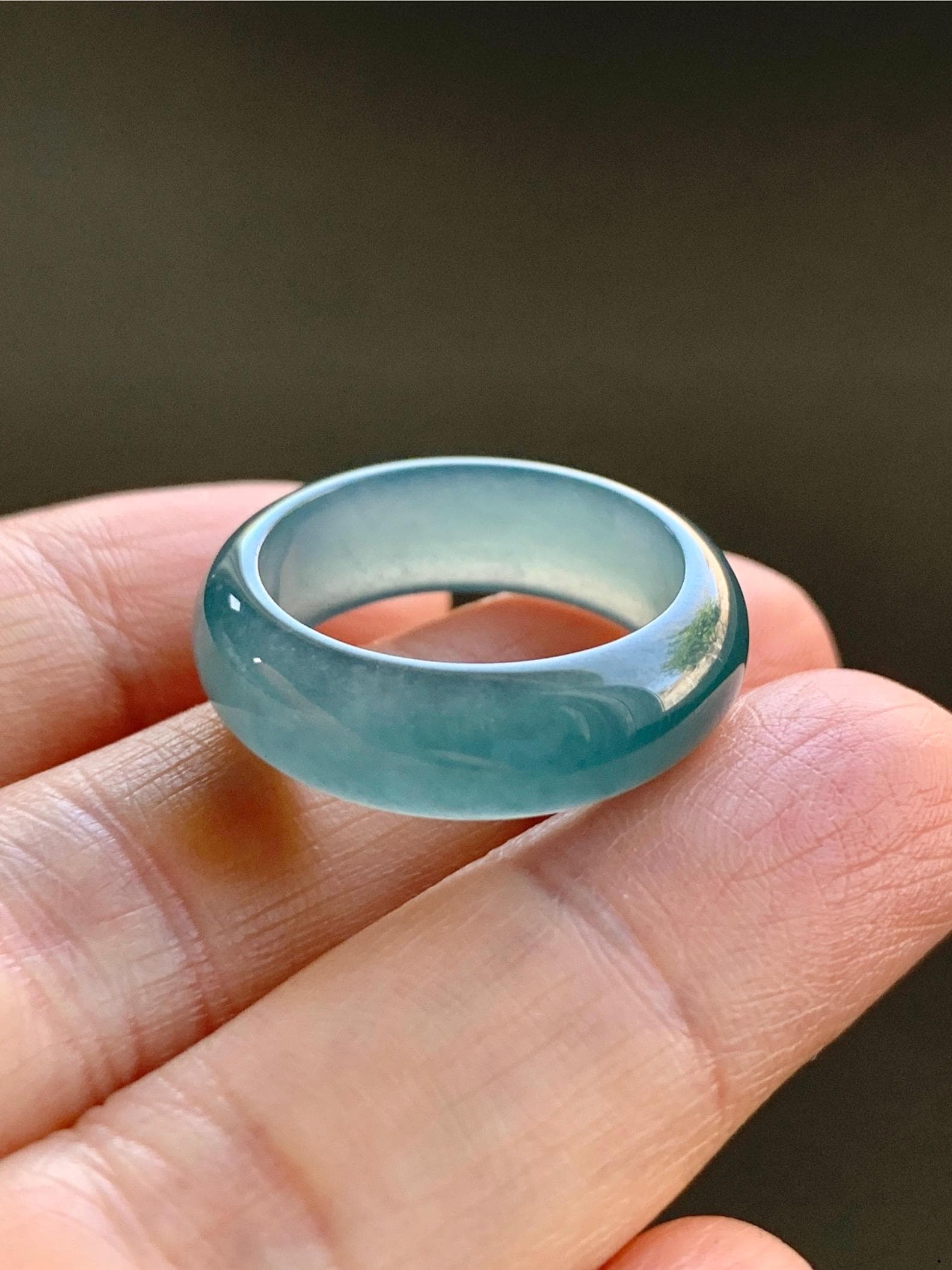 Natural Guatemalan Icy Translucent Gelatinous Dark Teal Blue Jadeite Wide Band Ring Size 7.75 US 天然冰危深蓝翡翠戒圈 SLB-B