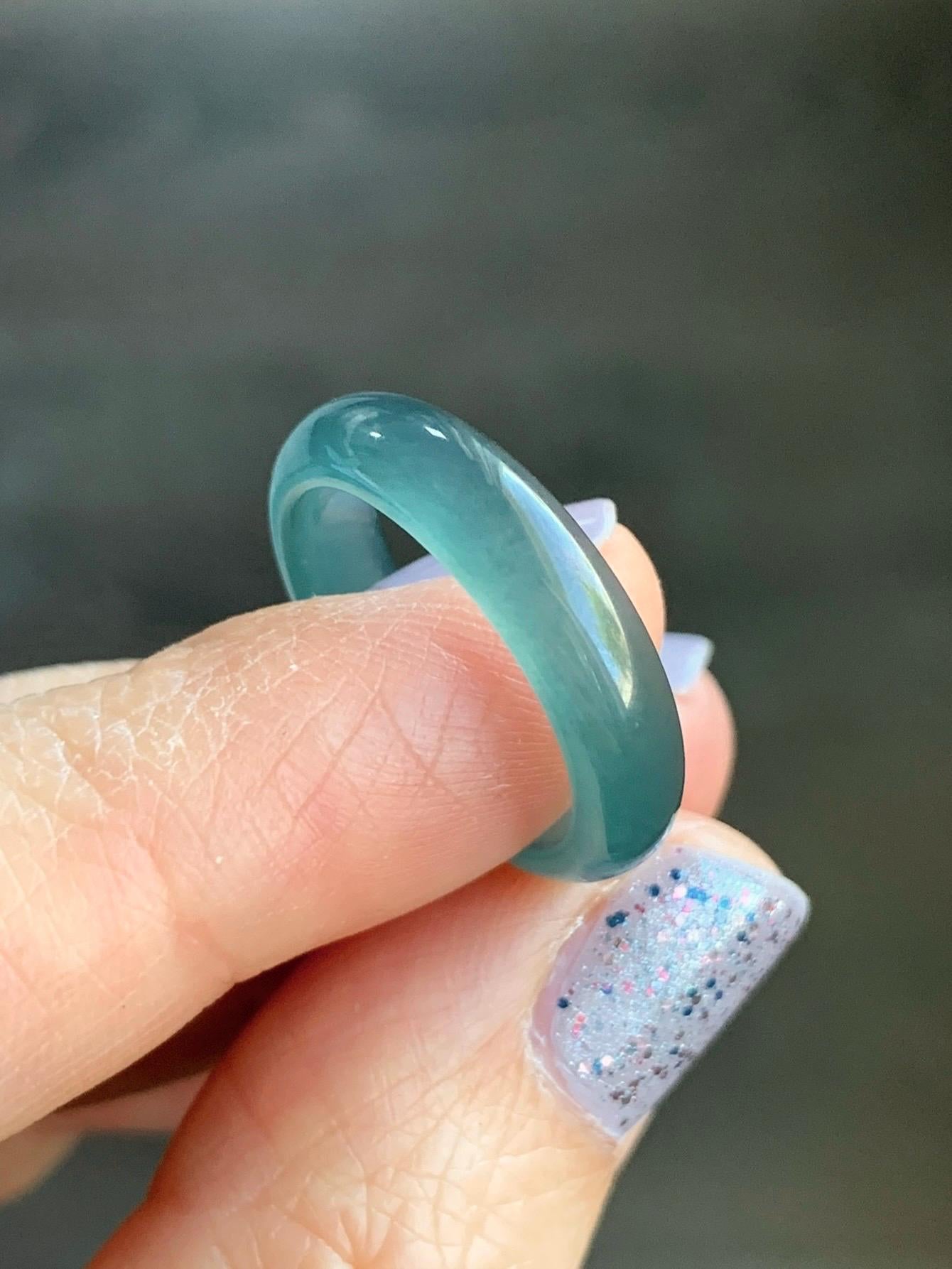 Natural Guatemalan Icy Translucent Gelatinous Dark Teal Blue Jadeite Wide Band Ring Size 6.75 US 天然冰危深蓝翡翠戒圈 SLB-A