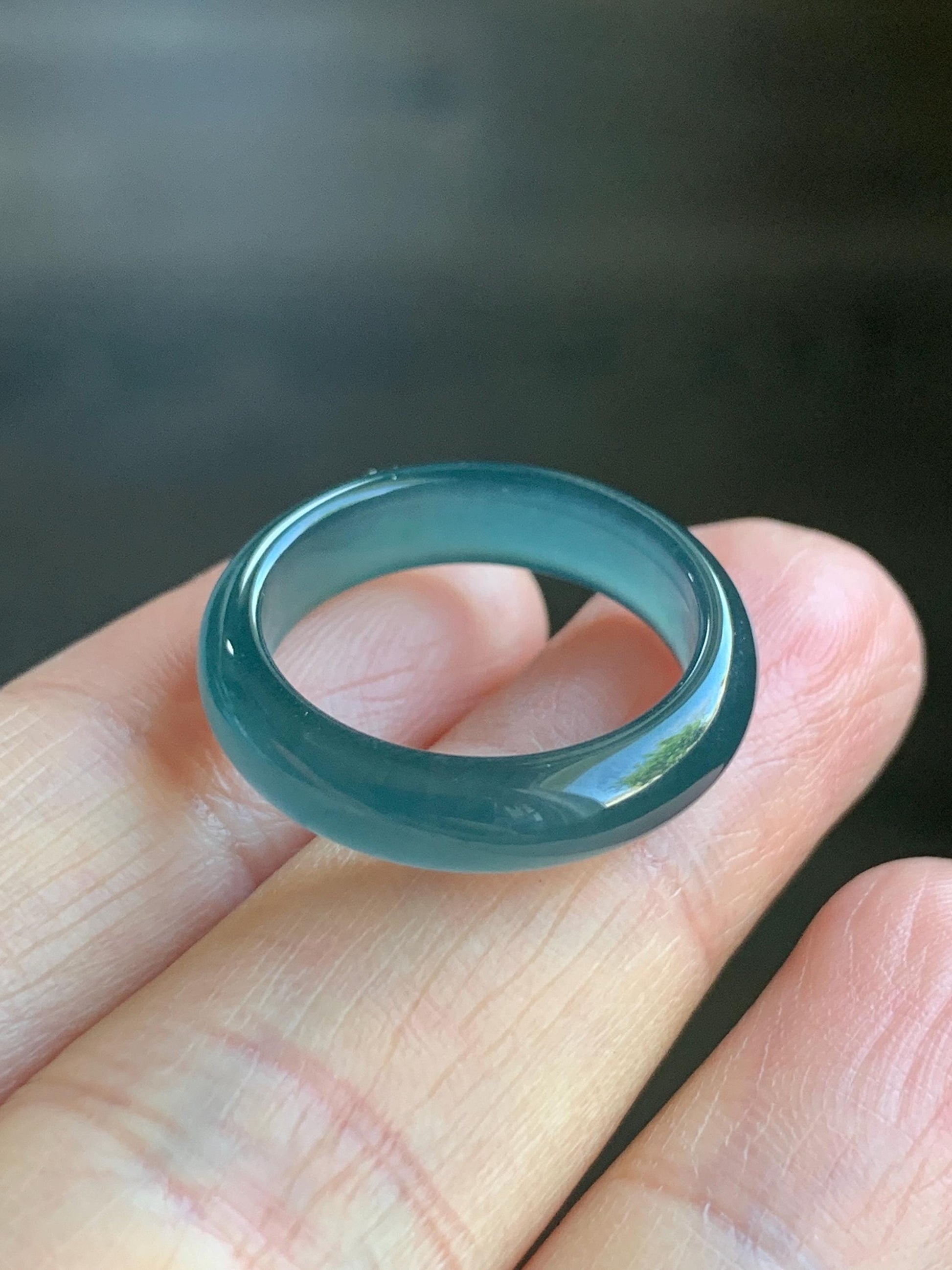 Natural Guatemalan Icy Translucent Gelatinous Dark Teal Blue Jadeite Wide Band Ring Size 6.75 US 天然冰危深蓝翡翠戒圈 SLB-A