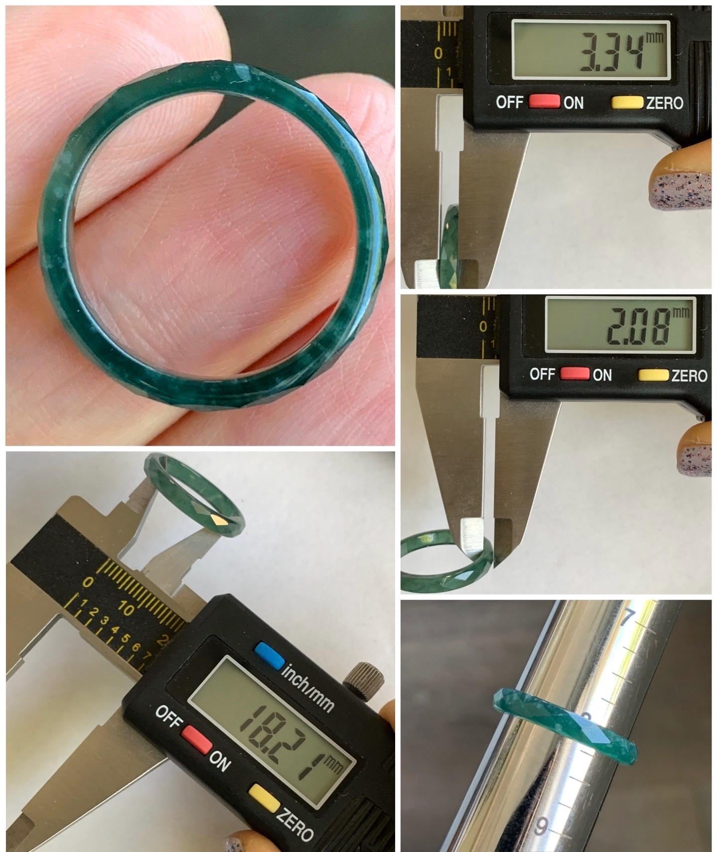 Natural Guatemalan Icy Translucent Gelatinous Dark Teal Green Jadeite Diamond Faceted Slim Band Ring Size 8 US 天然冰危深绿翡翠切割面戒圈 ZQB4