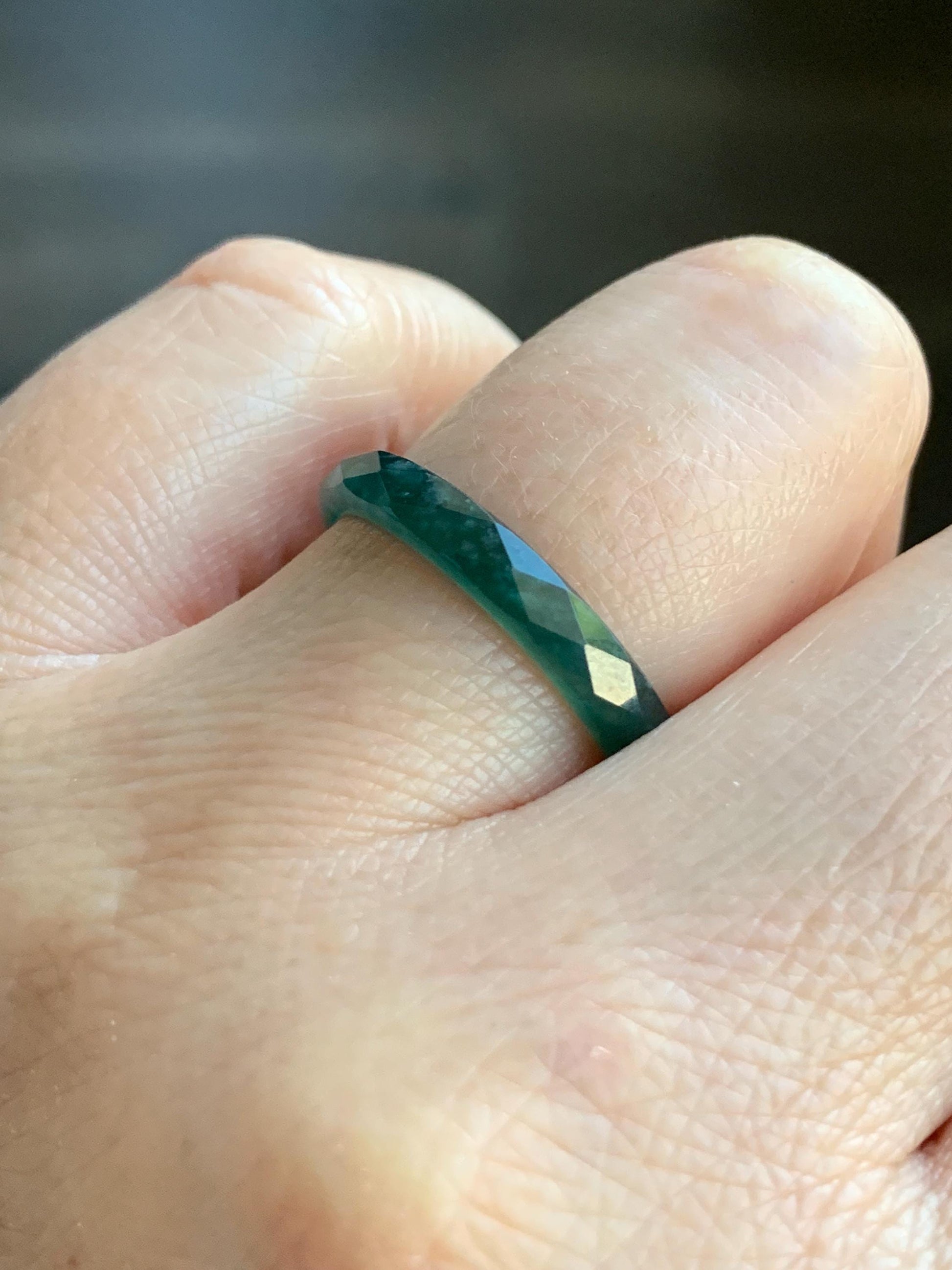 Natural Guatemalan Icy Translucent Gelatinous Dark Teal Green Jadeite Diamond Faceted Slim Band Ring Size 8 US 天然冰危深绿翡翠切割面戒圈 ZQB4