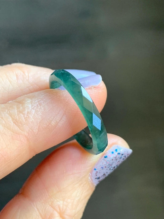 Natural Guatemalan Icy Translucent Gelatinous Dark Teal Green Jadeite Diamond Faceted Slim Band Ring Size 8 US 天然冰危深绿翡翠切割面戒圈 ZQB4