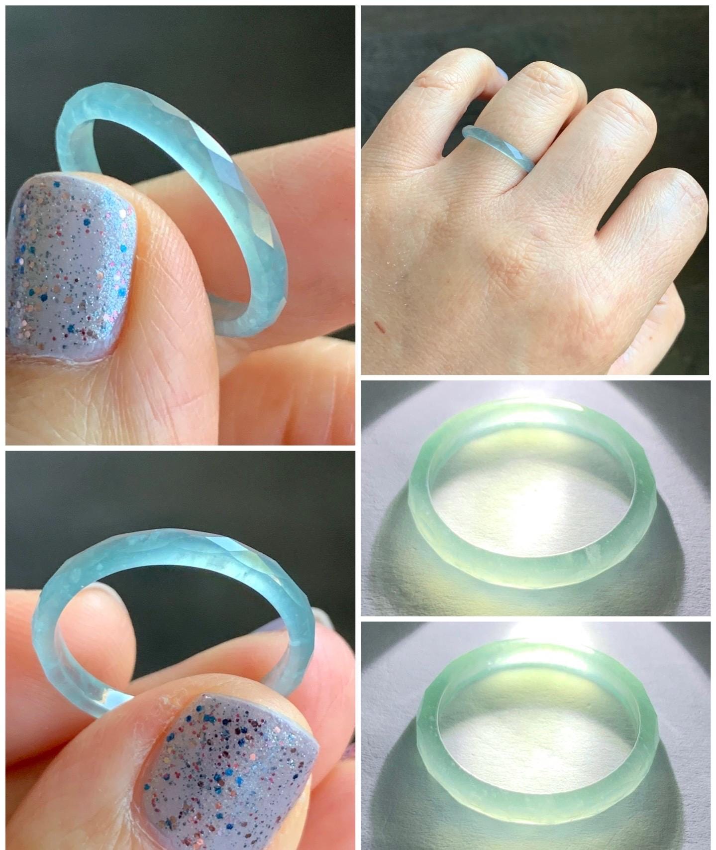 Natural Guatemalan Icy Highly Translucent Gelatinous Light Blue Jadeite Diamond Faceted Slim Band Ring Size 7.25 US 天然冰危浅蓝起光翡翠切割面戒圈 ZQB3