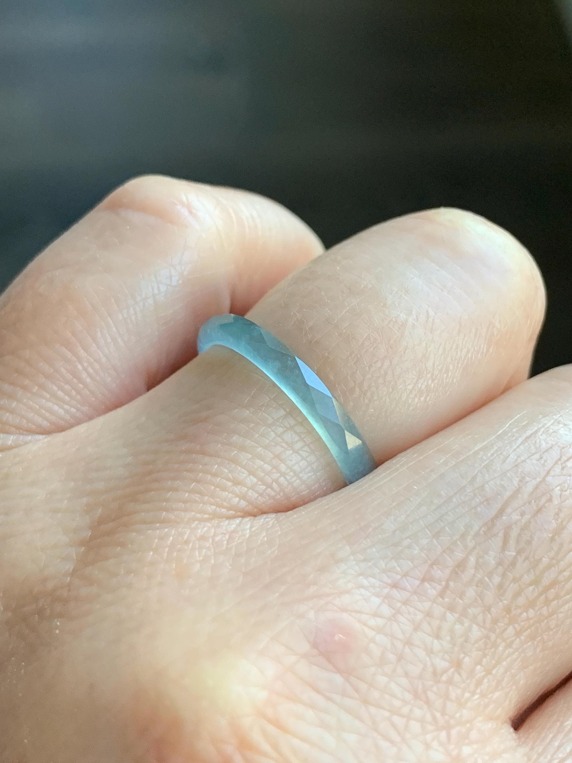 Natural Guatemalan Icy Highly Translucent Gelatinous Light Blue Jadeite Diamond Faceted Slim Band Ring Size 7.25 US 天然冰危浅蓝起光翡翠切割面戒圈 ZQB3