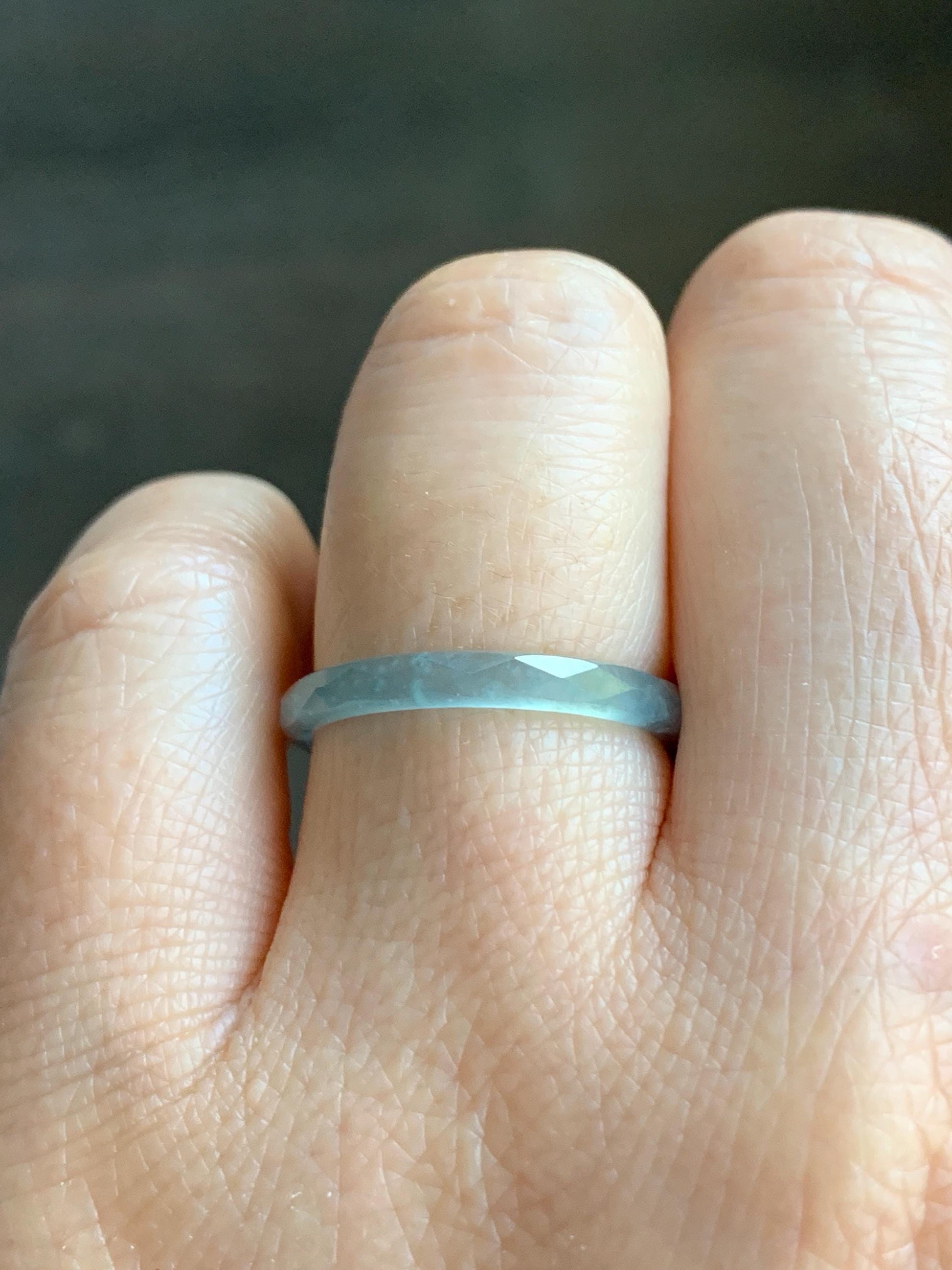 Natural Guatemalan Icy Highly Translucent Gelatinous Light Blue Jadeite Diamond Faceted Slim Band Ring Size 7.25 US 天然冰危浅蓝起光翡翠切割面戒圈 ZQB3