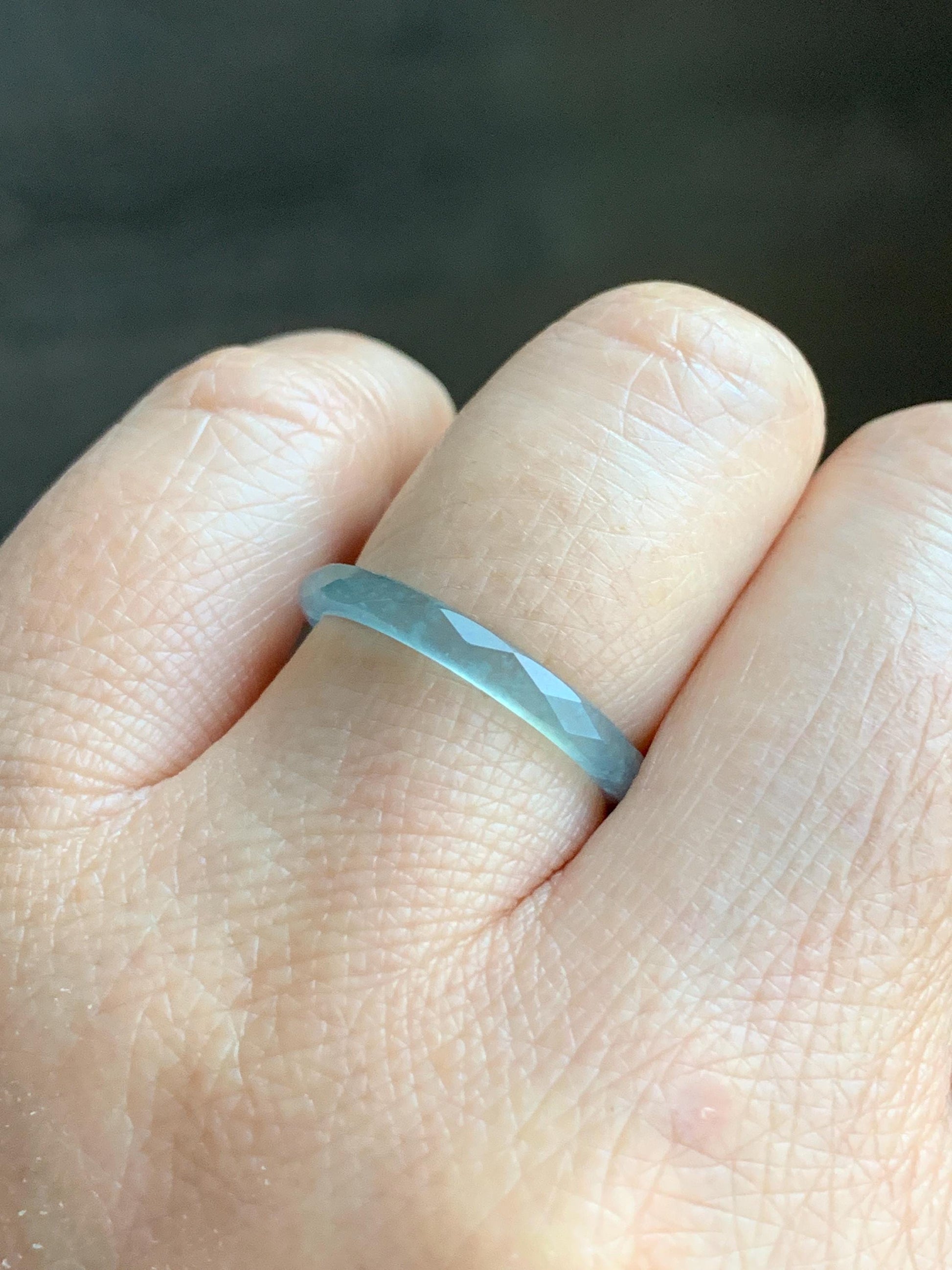 Natural Guatemalan Icy Highly Translucent Gelatinous Light Blue Jadeite Diamond Faceted Slim Band Ring Size 7.25 US 天然冰危浅蓝起光翡翠切割面戒圈 ZQB3