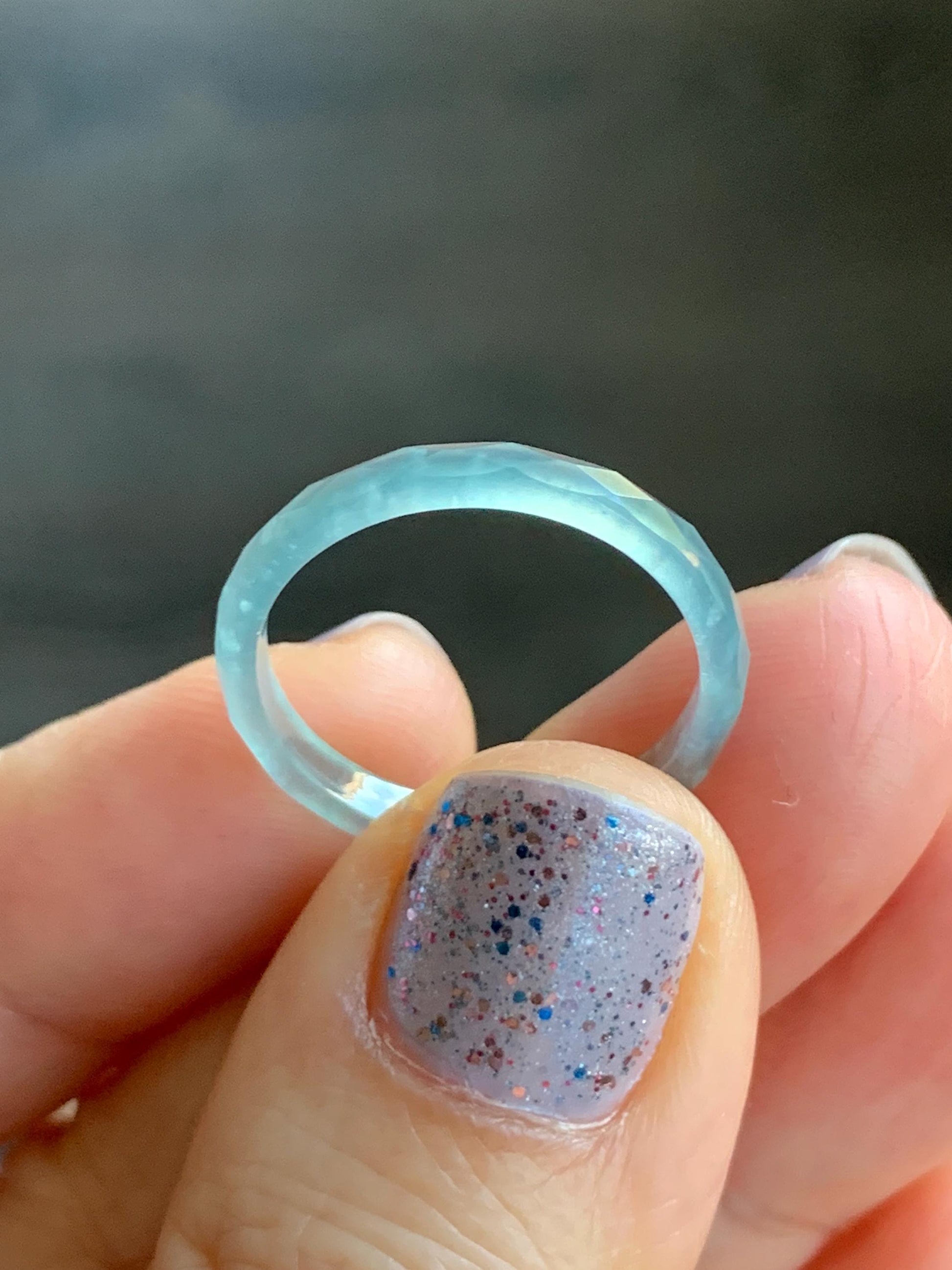 Natural Guatemalan Icy Highly Translucent Gelatinous Light Blue Jadeite Diamond Faceted Slim Band Ring Size 7.25 US 天然冰危浅蓝起光翡翠切割面戒圈 ZQB3