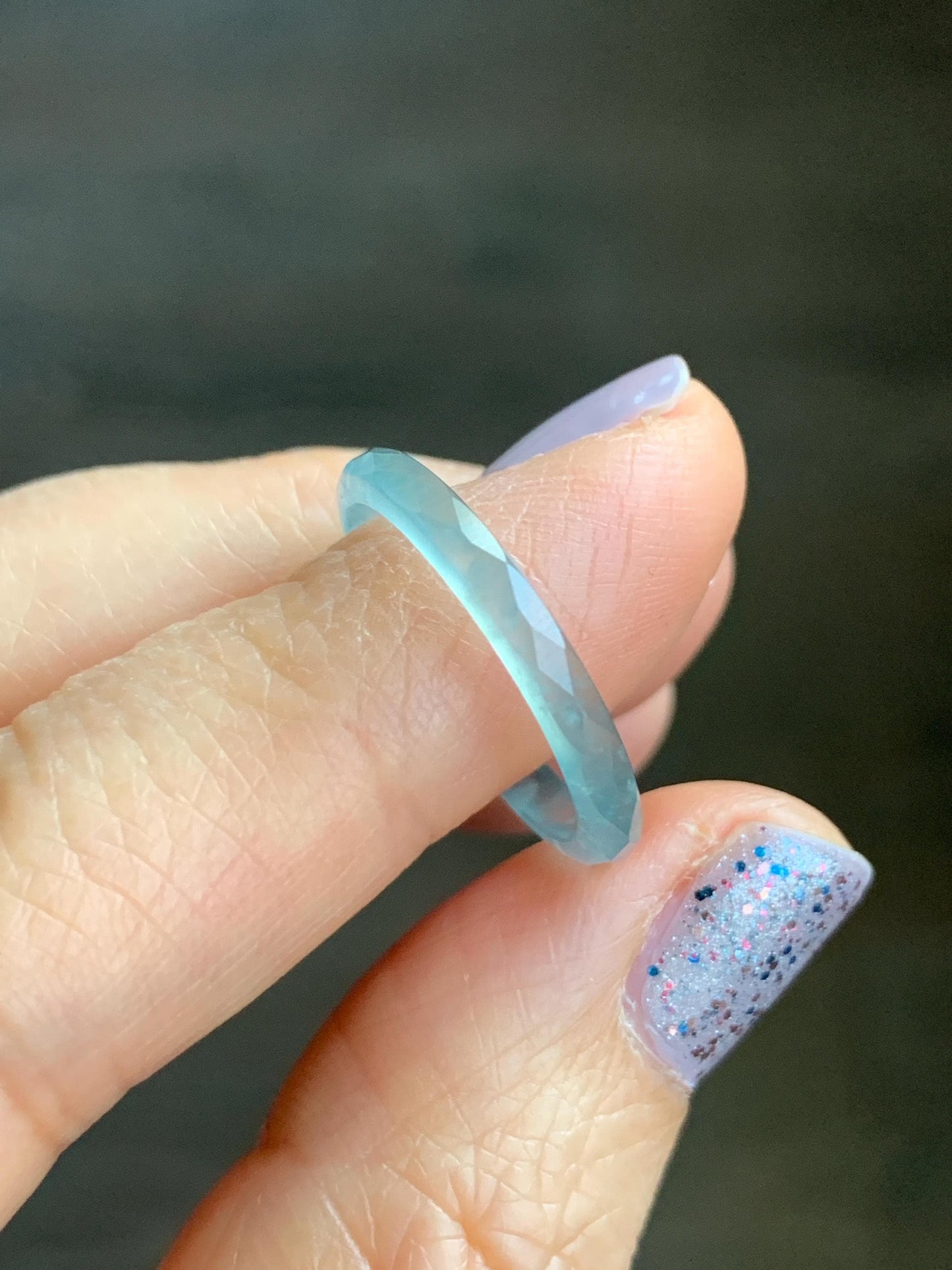 Natural Guatemalan Icy Highly Translucent Gelatinous Light Blue Jadeite Diamond Faceted Slim Band Ring Size 7.25 US 天然冰危浅蓝起光翡翠切割面戒圈 ZQB3