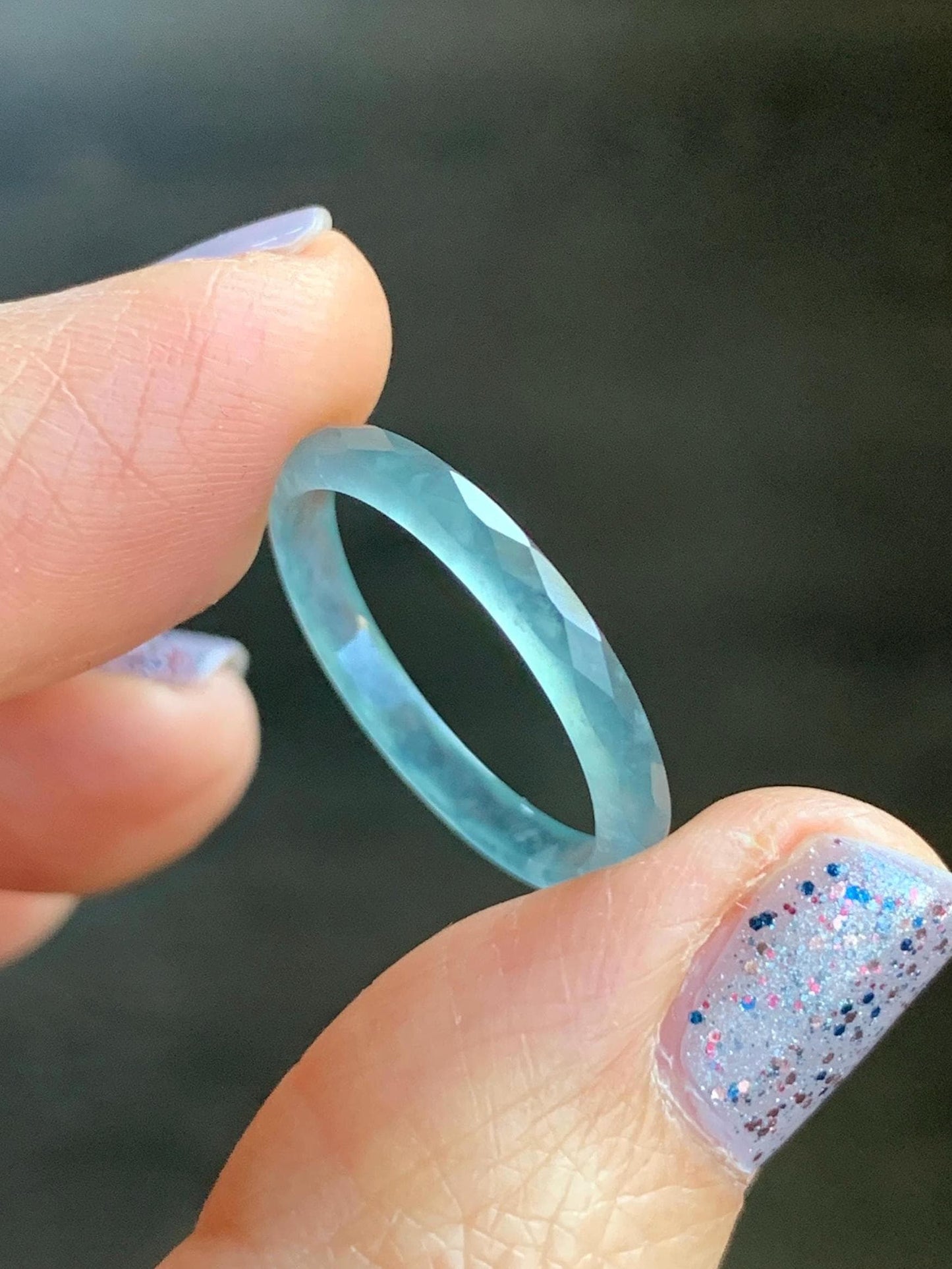 Natural Guatemalan Icy Highly Translucent Gelatinous Light Blue Jadeite Diamond Faceted Slim Band Ring Size 7.25 US 天然冰危浅蓝起光翡翠切割面戒圈 ZQB3
