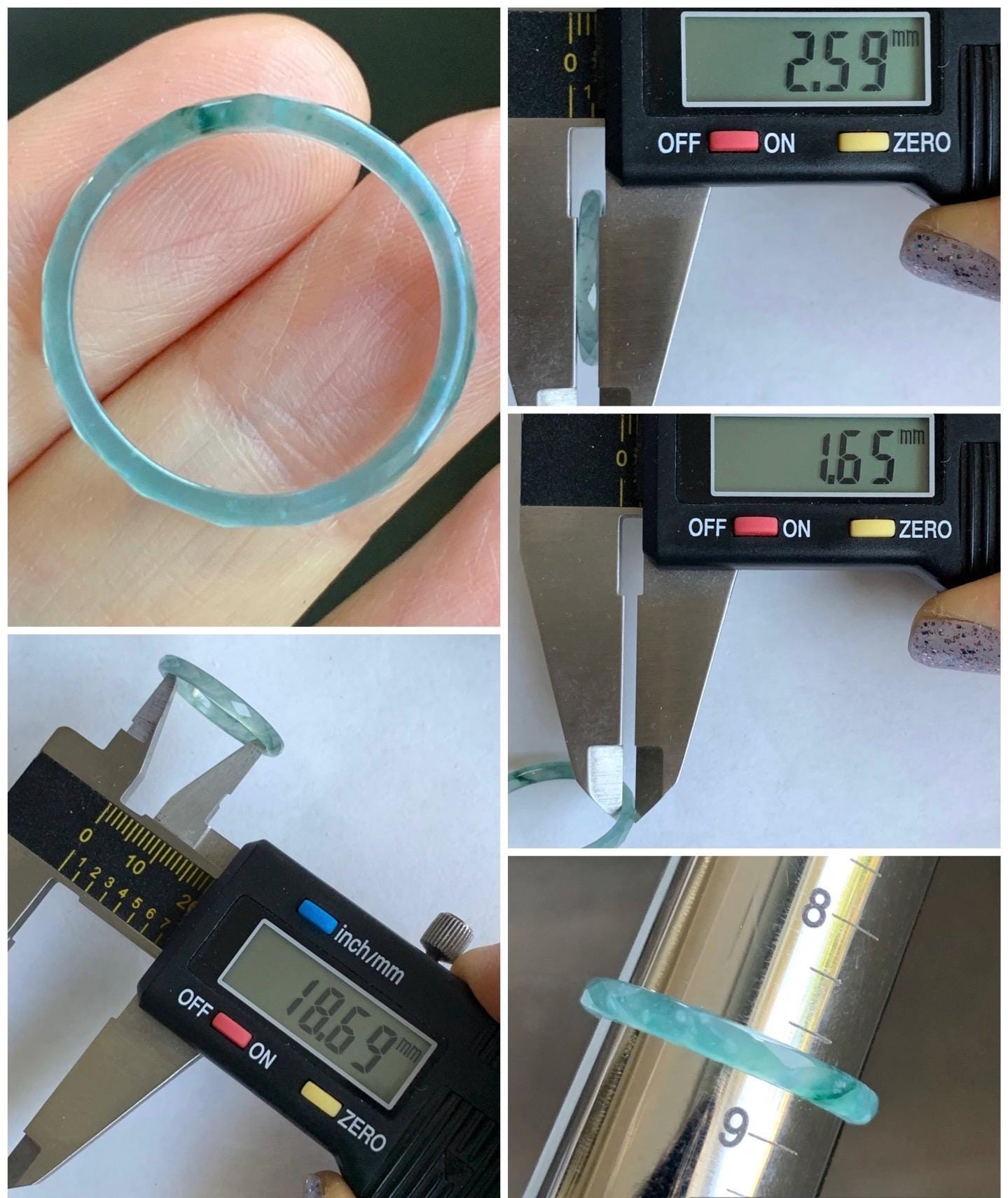 Natural Guatemalan Icy Highly Translucent Gelatinous Light Teal Blue Jadeite Diamond Faceted Slim Band Ring Size 8.75 天然冰危浅蓝飘绿起光翡翠切割面戒圈 ZQB2