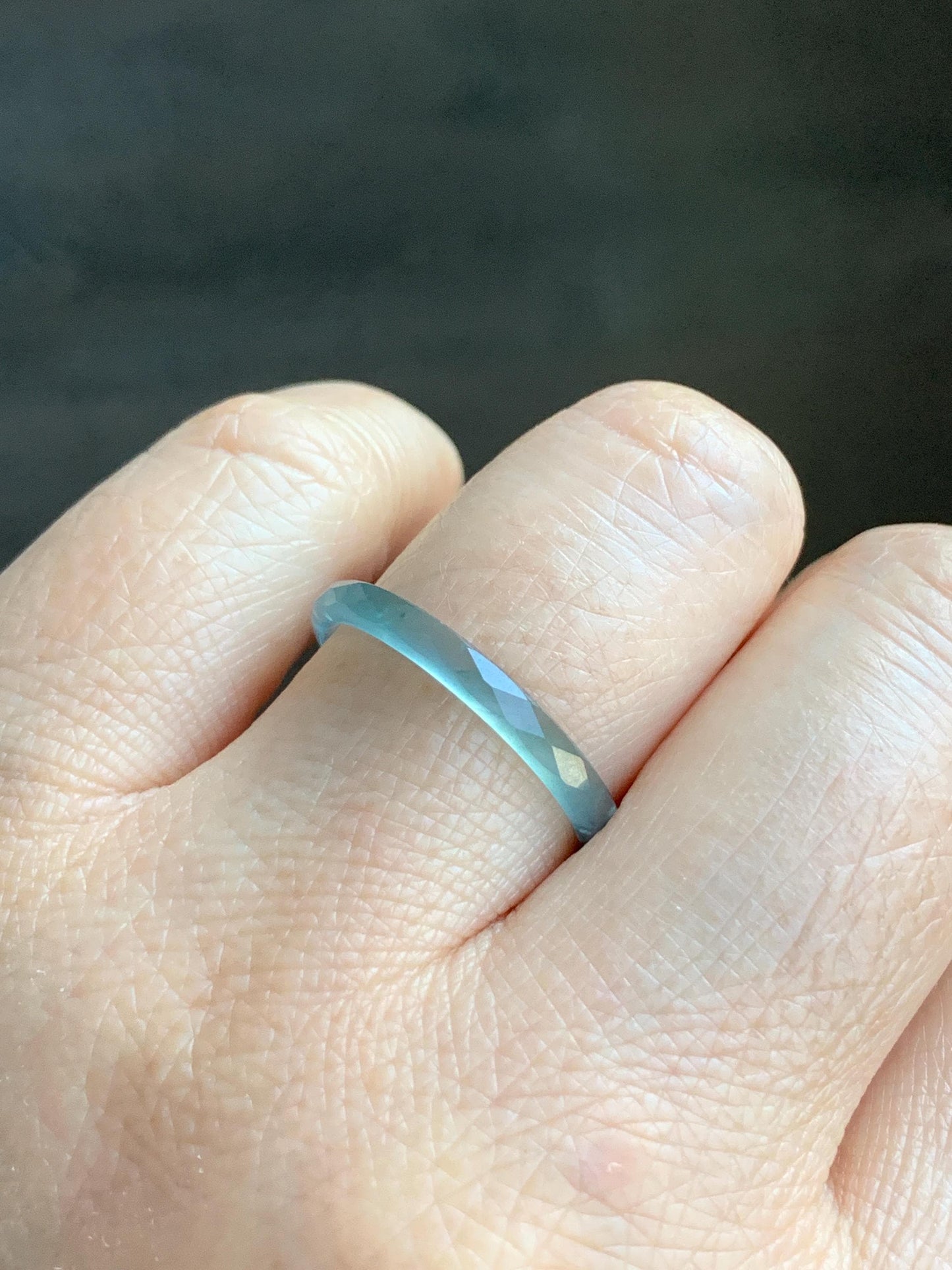Natural Guatemalan Icy Highly Translucent Gelatinous Light Teal Blue Jadeite Diamond Faceted Slim Band Ring Size 8.75 天然冰危浅蓝飘绿起光翡翠切割面戒圈 ZQB2