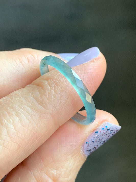 Natural Guatemalan Icy Highly Translucent Gelatinous Light Teal Blue Jadeite Diamond Faceted Slim Band Ring Size 8.75 天然冰危浅蓝飘绿起光翡翠切割面戒圈 ZQB2