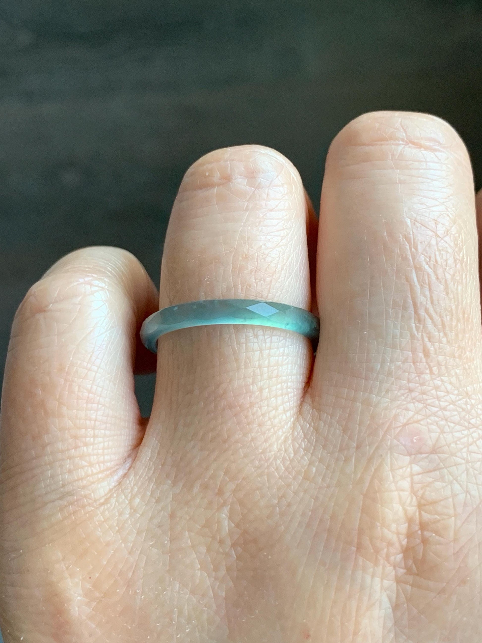 Natural Guatemalan Icy Highly Translucent Gelatinous Light Teal Blue Jadeite Diamond Faceted Slim Band Ring Size 9 天然冰危浅蓝起光翡翠切割面戒圈 ZQB1