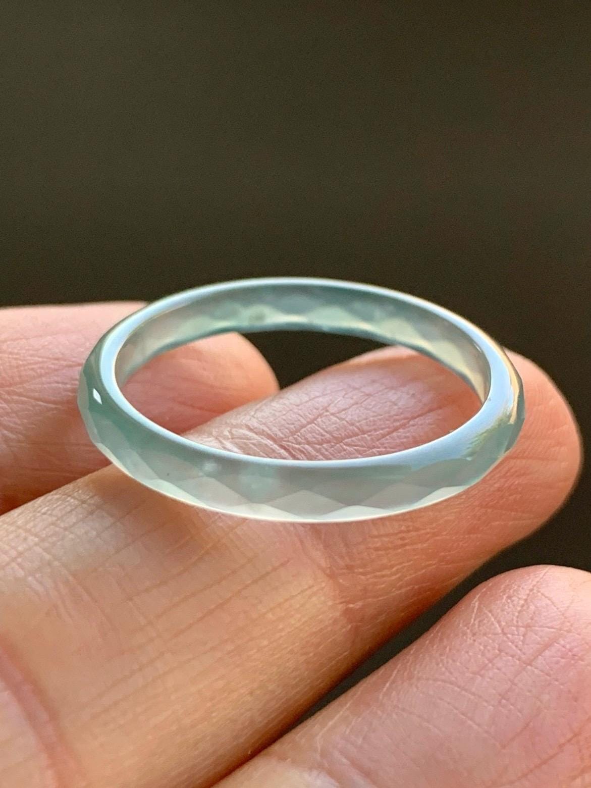 Natural Guatemalan Icy Highly Translucent Gelatinous Light Teal Blue Jadeite Diamond Faceted Slim Band Ring Size 9 天然冰危浅蓝起光翡翠切割面戒圈 ZQB1