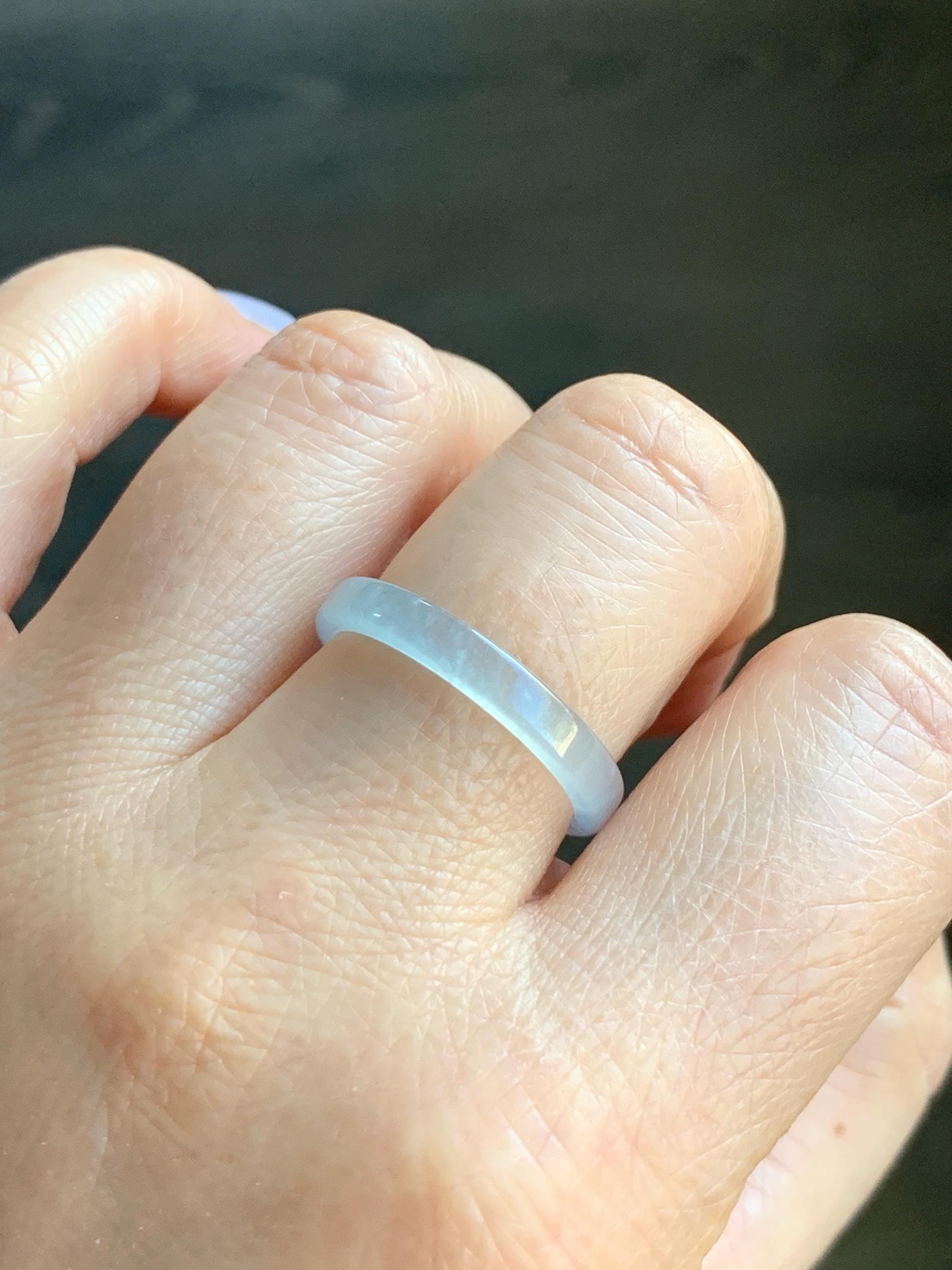 Natural Guatemalan Icy Highly Translucent Gelatinous Pale Blue Undertone Jadeite Square Edged Band Ring Size 9.75 US 天然冰危白皮起光翡翠角戒戒圈 BWJ88