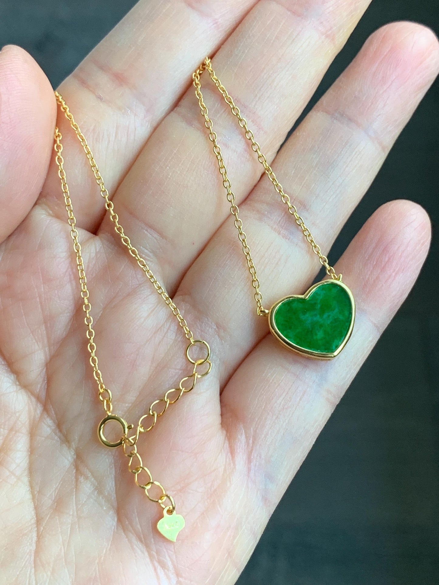 Certified Natural Grade A Translucent Vibrant Green Jadeite Heart Pendant Necklace Sterling Silver YG Overlay 天然花青爱心翡翠蛋面银镶锁骨链套链 1669