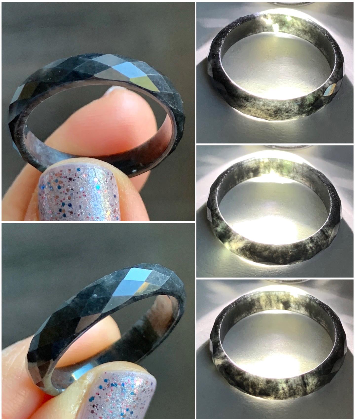 Natural Burmese Icy Translucent Dark Wuji Jadeite Diamond Faceted Band Ring Size 10.25 US 天然缅甸冰乌鸡翡翠切割面戒圈 ZQW-D