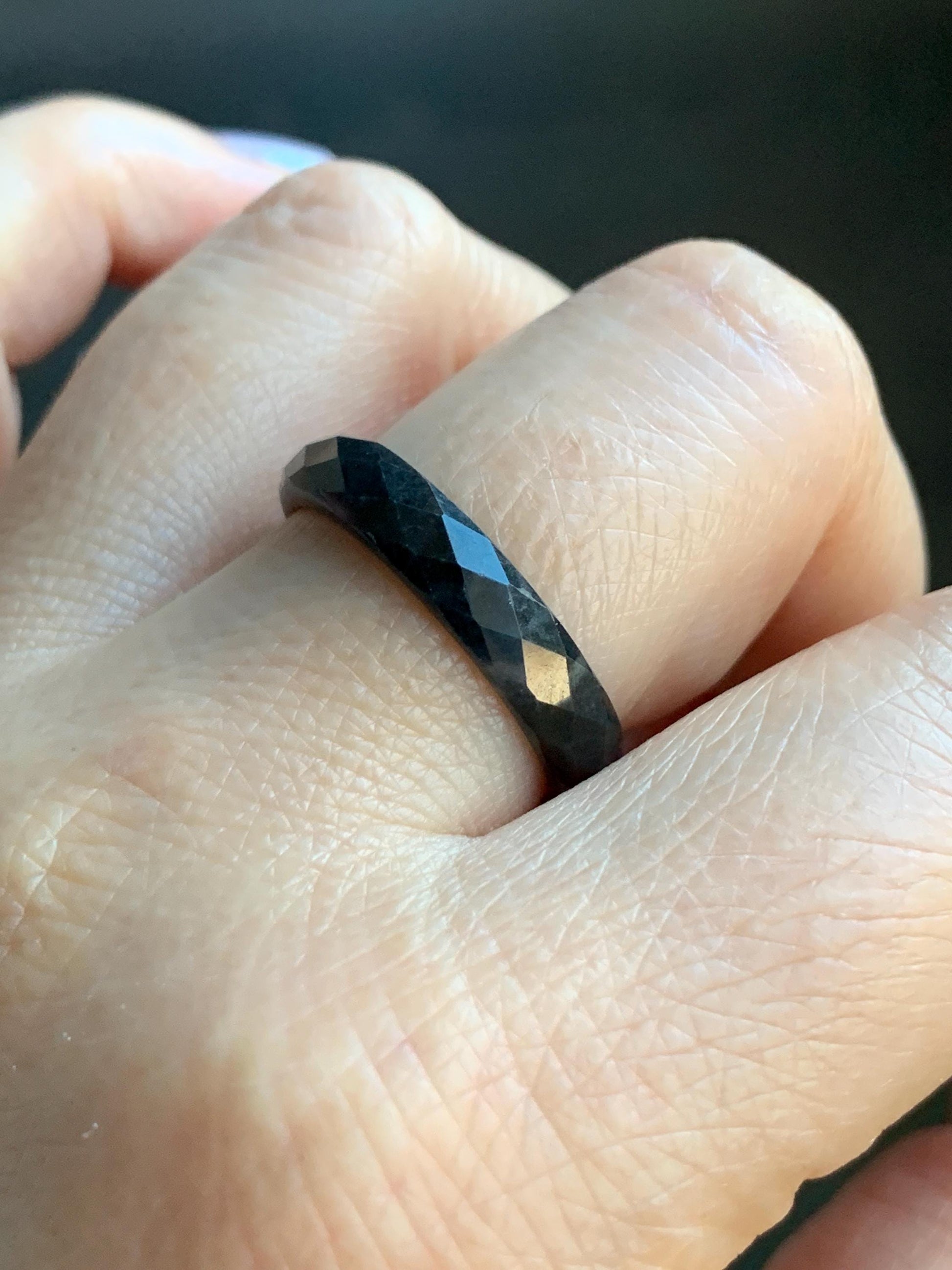 Natural Burmese Icy Translucent Dark Wuji Jadeite Diamond Faceted Band Ring Size 10.25 US 天然缅甸冰乌鸡翡翠切割面戒圈 ZQW-D