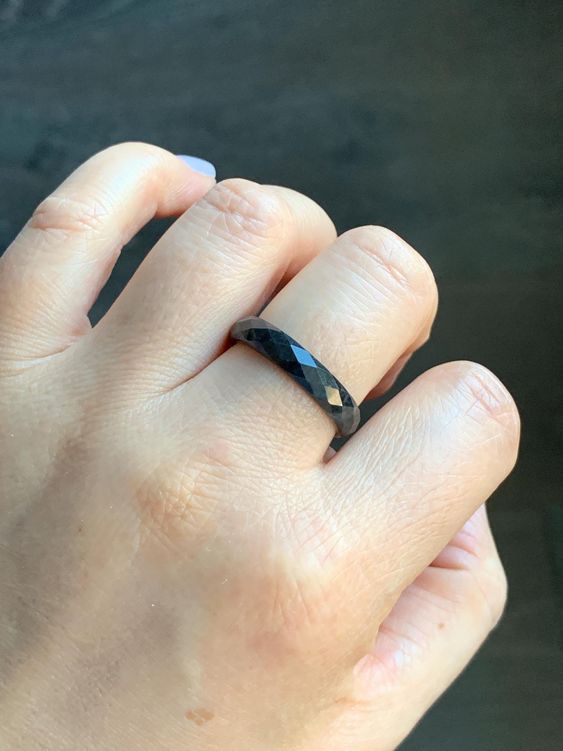 Natural Burmese Icy Translucent Dark Wuji Jadeite Diamond Faceted Band Ring Size 10.25 US 天然缅甸冰乌鸡翡翠切割面戒圈 ZQW-D