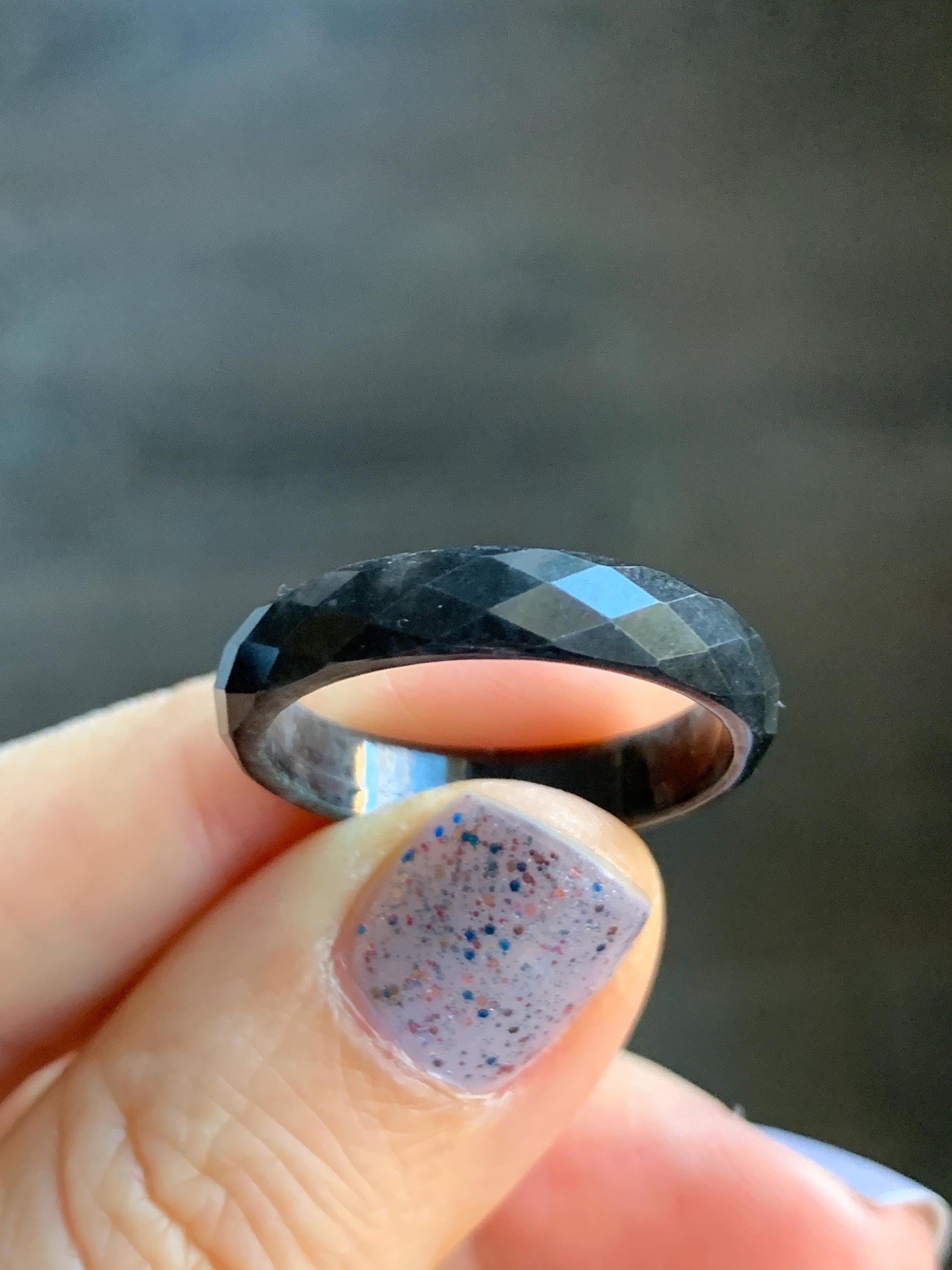 Natural Burmese Icy Translucent Dark Wuji Jadeite Diamond Faceted Band Ring Size 10.25 US 天然缅甸冰乌鸡翡翠切割面戒圈 ZQW-D