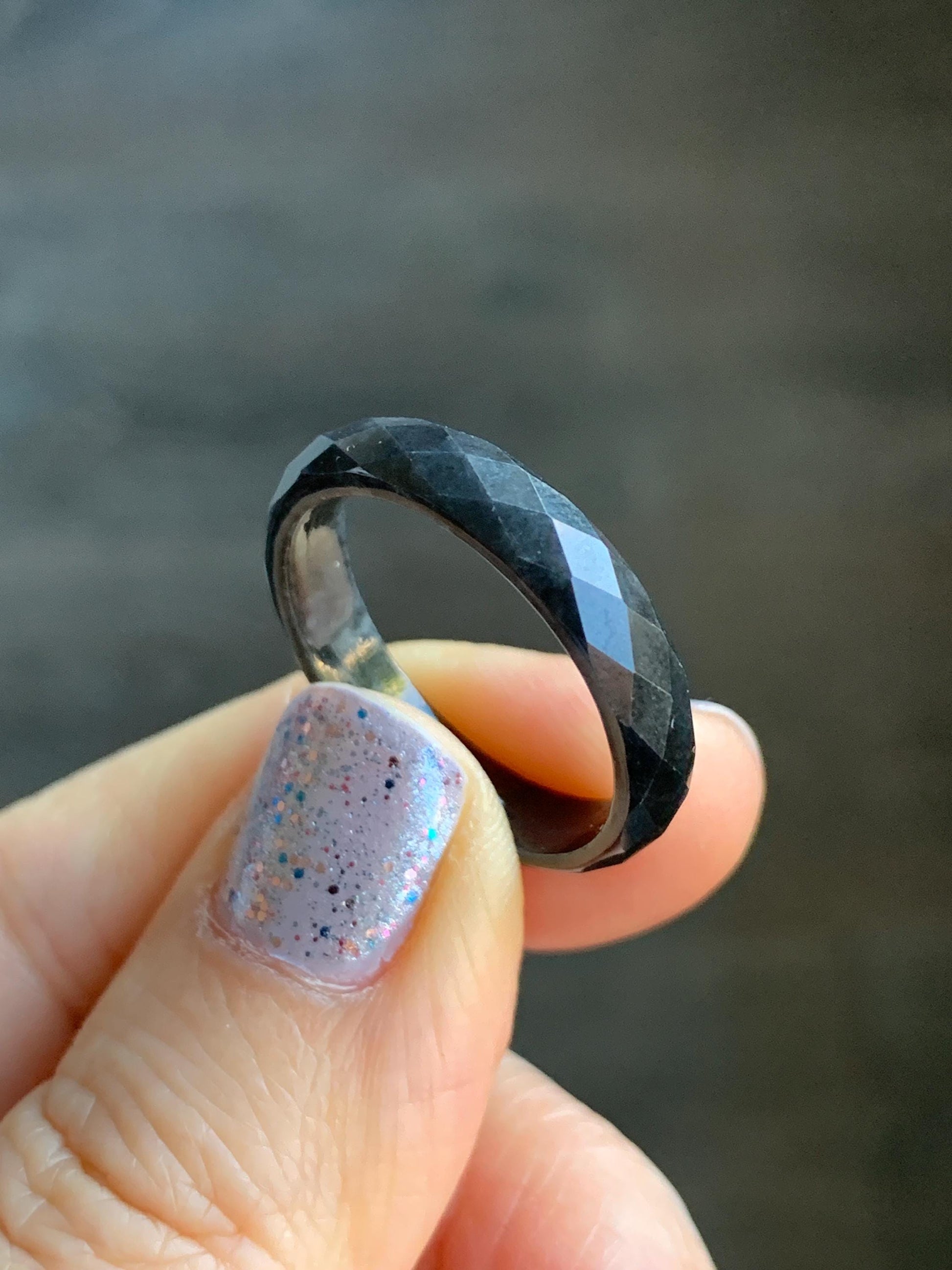 Natural Burmese Icy Translucent Dark Wuji Jadeite Diamond Faceted Band Ring Size 10.25 US 天然缅甸冰乌鸡翡翠切割面戒圈 ZQW-D