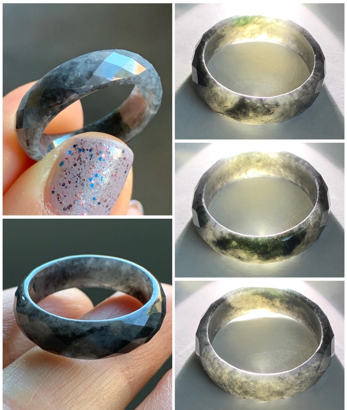 Natural Burmese Icy Translucent Dark Wuji Jadeite Diamond Faceted Band Ring Size 7.75 US 天然缅甸冰乌鸡翡翠切割面戒圈 ZQW-C