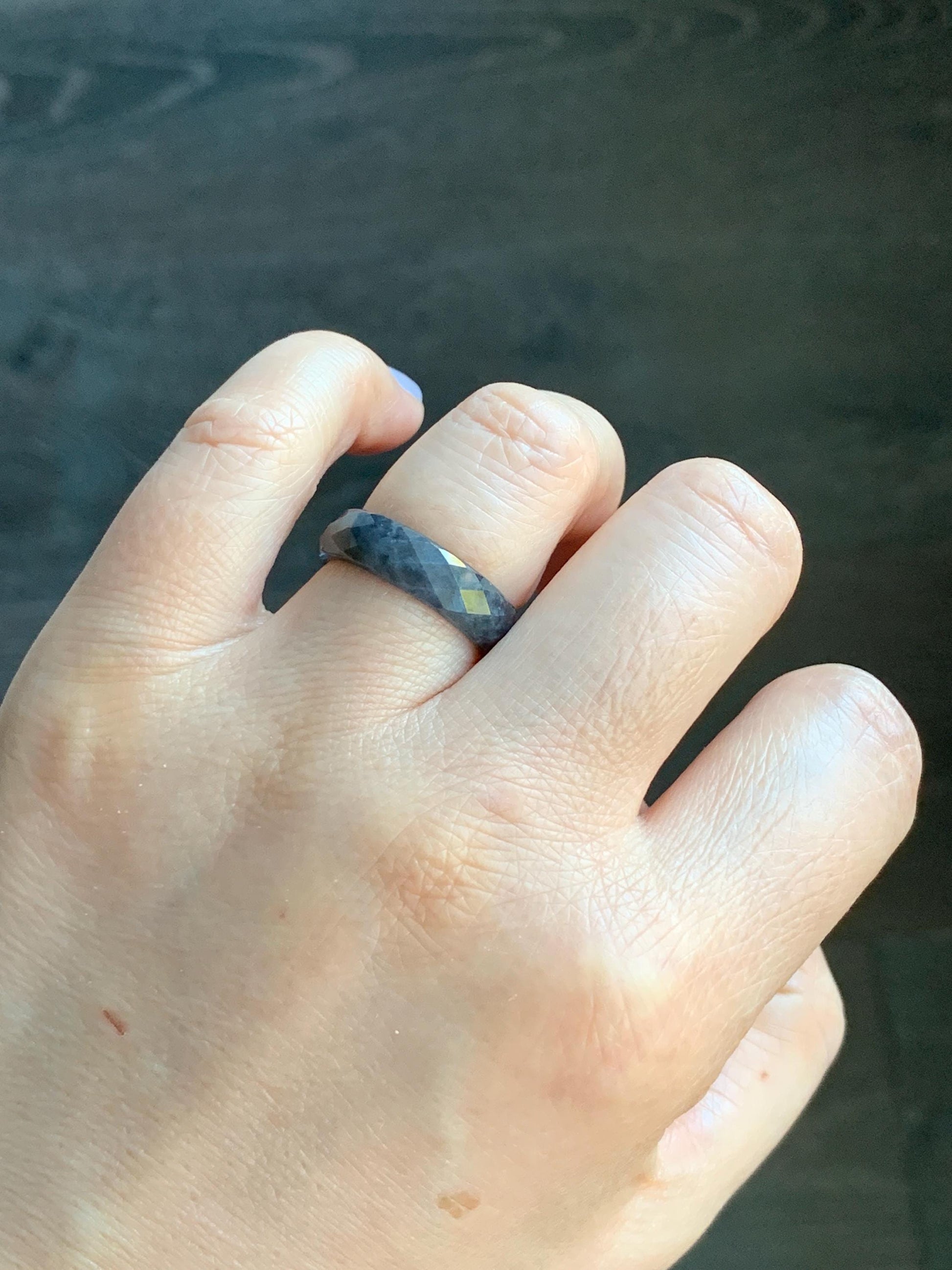 Natural Burmese Icy Translucent Dark Wuji Jadeite Diamond Faceted Band Ring Size 7.75 US 天然缅甸冰乌鸡翡翠切割面戒圈 ZQW-C