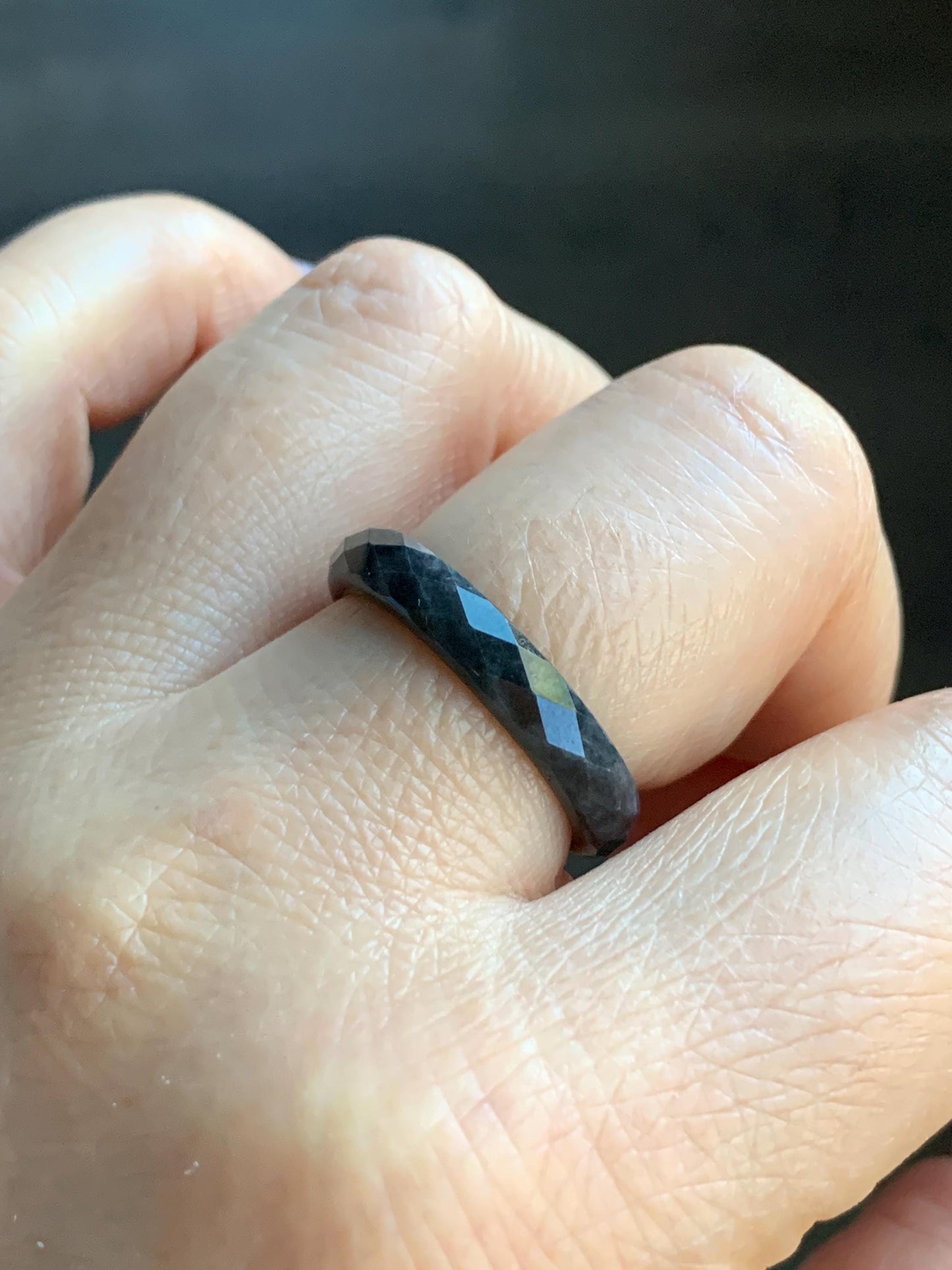 Natural Burmese Icy Translucent Dark Wuji Jadeite Diamond Faceted Band Ring Size 9.25 US 天然缅甸冰乌鸡翡翠切割面戒圈 ZQW-B