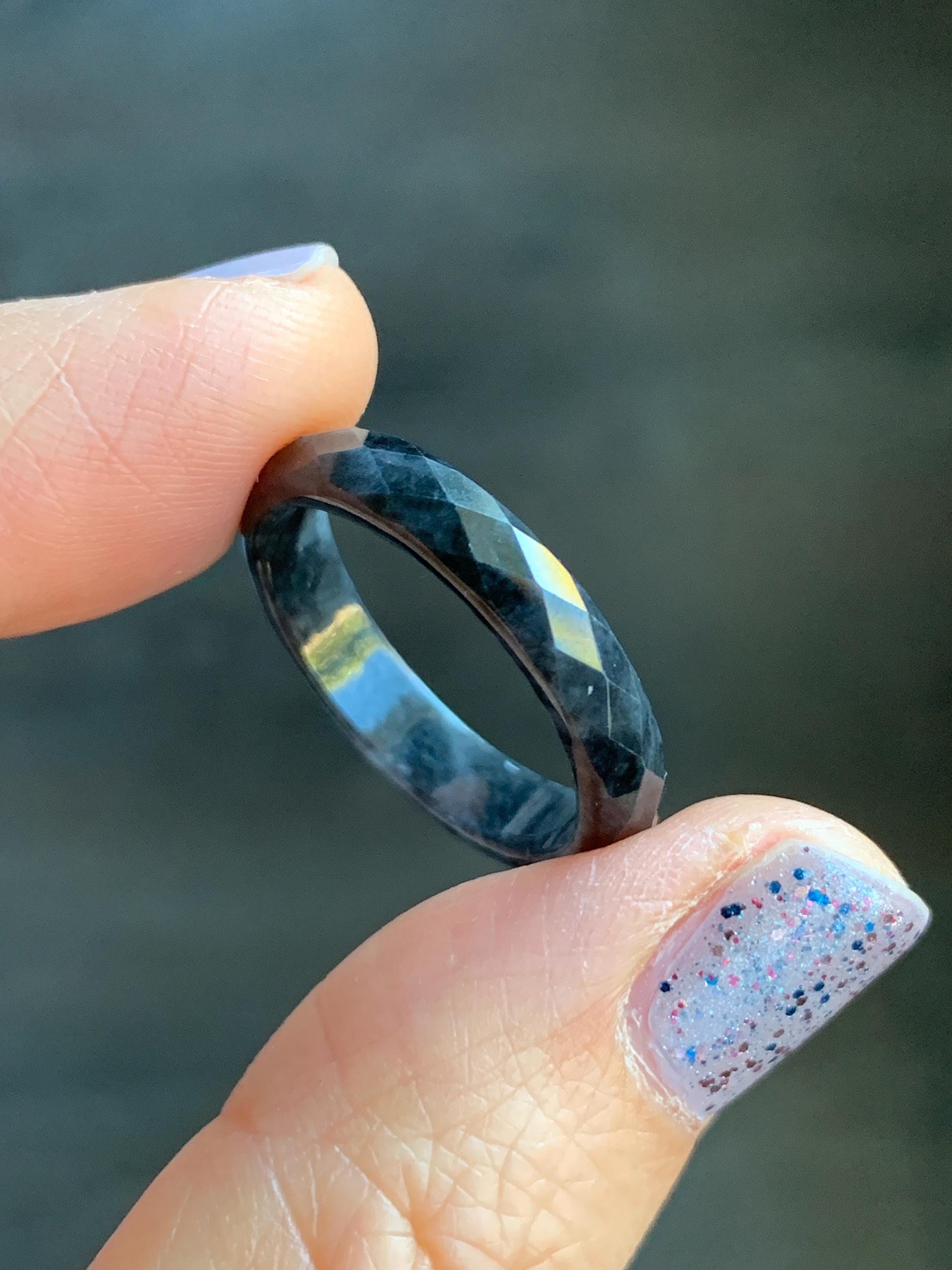Natural Burmese Icy Translucent Dark Wuji Jadeite Diamond Faceted Band Ring Size 9.25 US 天然缅甸冰乌鸡翡翠切割面戒圈 ZQW-B