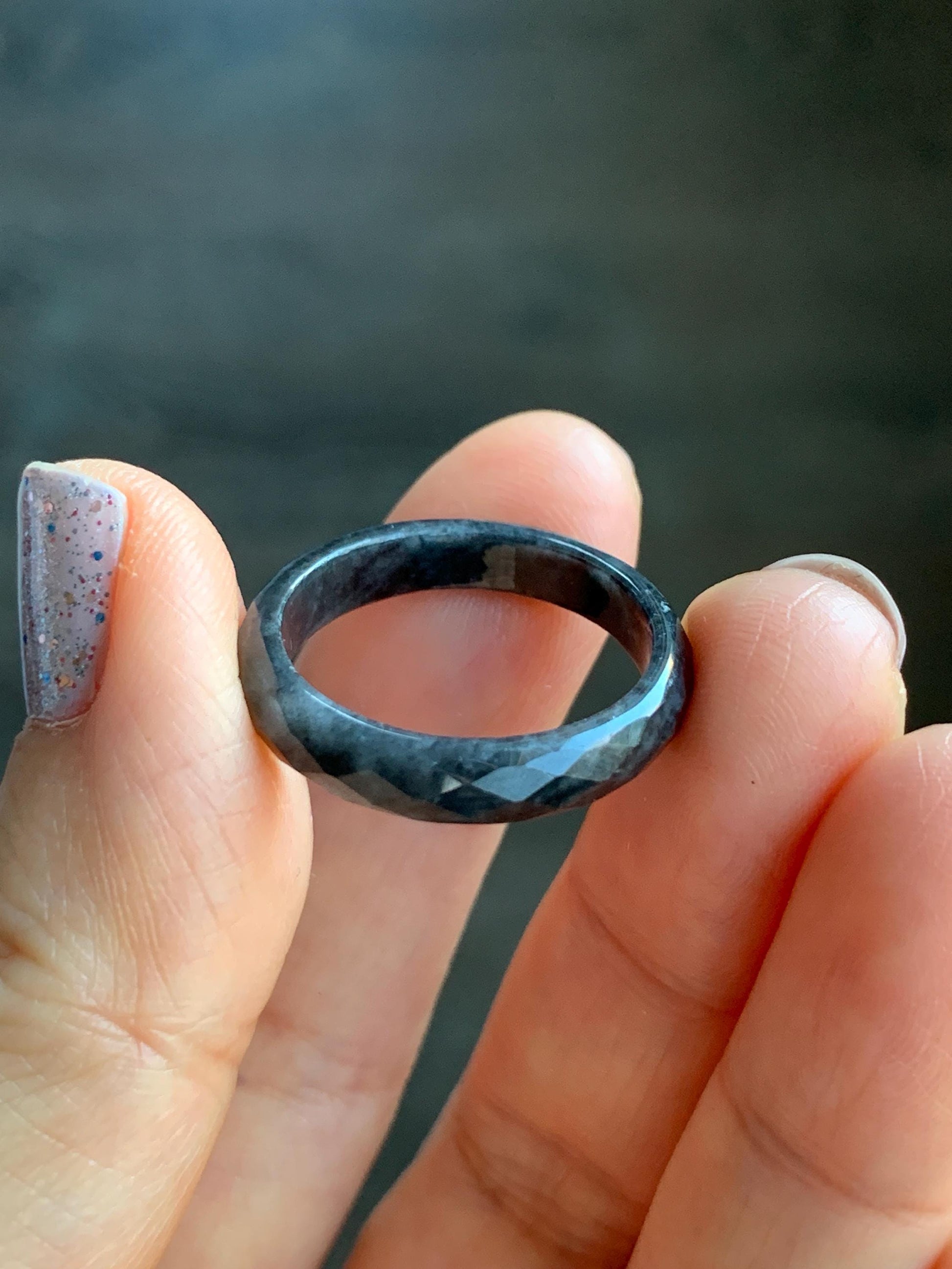 Natural Burmese Icy Translucent Dark Wuji Jadeite Diamond Faceted Band Ring Size 9.25 US 天然缅甸冰乌鸡翡翠切割面戒圈 ZQW-B