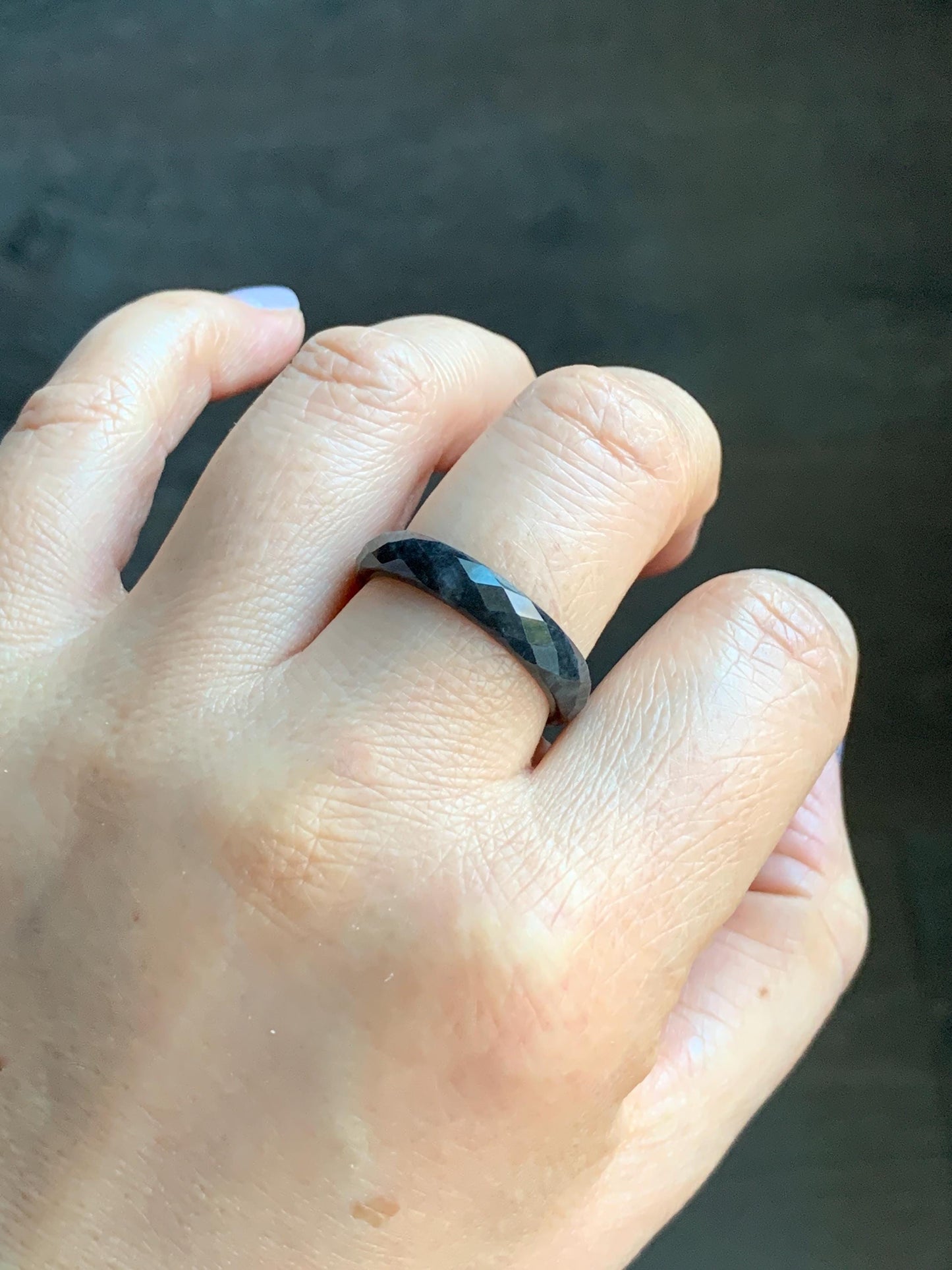 Natural Burmese Icy Translucent Dark Wuji Jadeite Diamond Faceted Band Ring Size 10.25 US 天然缅甸冰乌鸡翡翠切割面戒圈 ZQW-A
