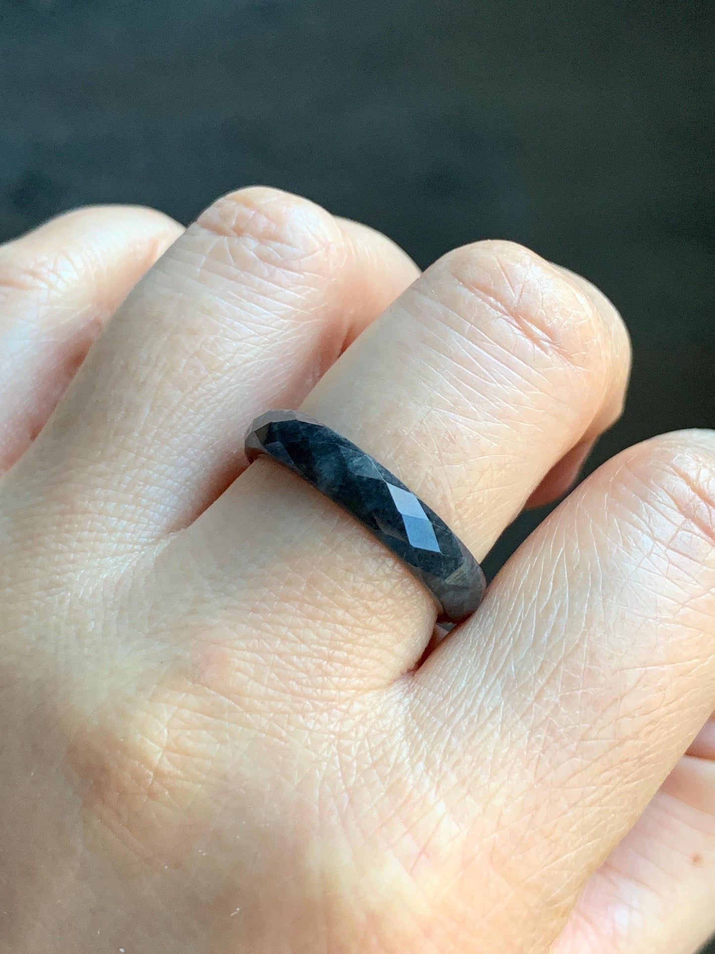 Natural Burmese Icy Translucent Dark Wuji Jadeite Diamond Faceted Band Ring Size 10.25 US 天然缅甸冰乌鸡翡翠切割面戒圈 ZQW-A