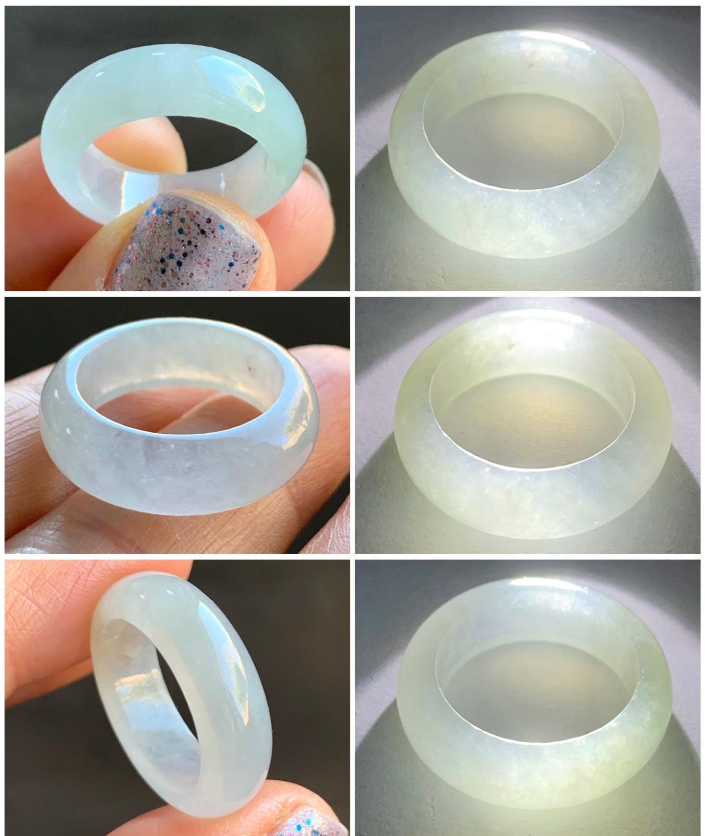 Natural Burmese Grade A Icy Highly Translucent Gelatinous White Jadeite Wide Band Ring Size 6.5 US 4g 天然缅甸白冰起光翡翠戒圈 BGQ-B