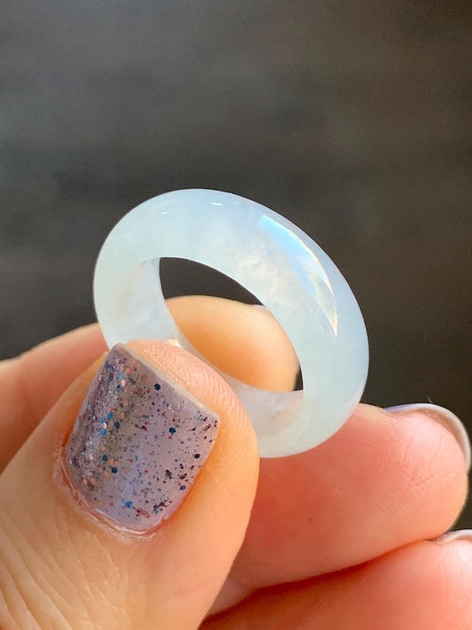 Natural Burmese Grade A Icy Highly Translucent Gelatinous White Jadeite Wide Band Ring Size 6.5 US 4g 天然缅甸白冰起光翡翠戒圈 BGQ-B