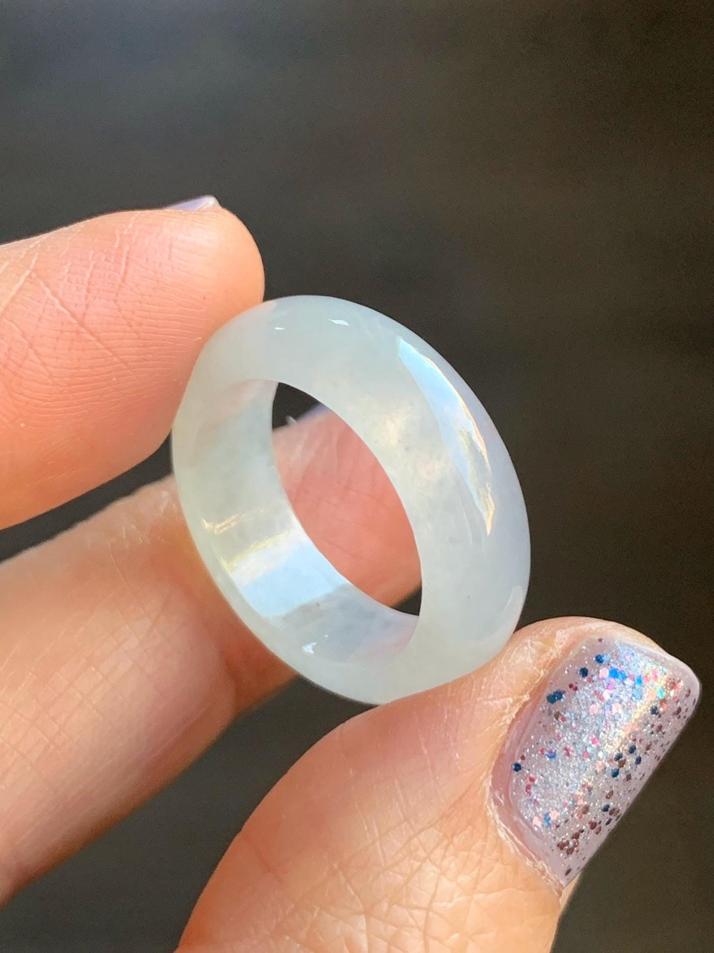 Natural Burmese Grade A Icy Highly Translucent Gelatinous White Jadeite Wide Band Ring Size 6.5 US 4g 天然缅甸白冰起光翡翠戒圈 BGQ-B