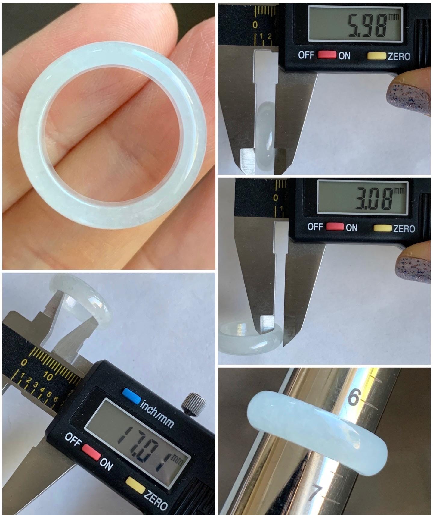 Natural Burmese Grade A Icy Highly Translucent Gelatinous White Jadeite Wide Band Ring Size 6.5 US 3g 天然缅甸白冰起光翡翠戒圈 BGQ-A