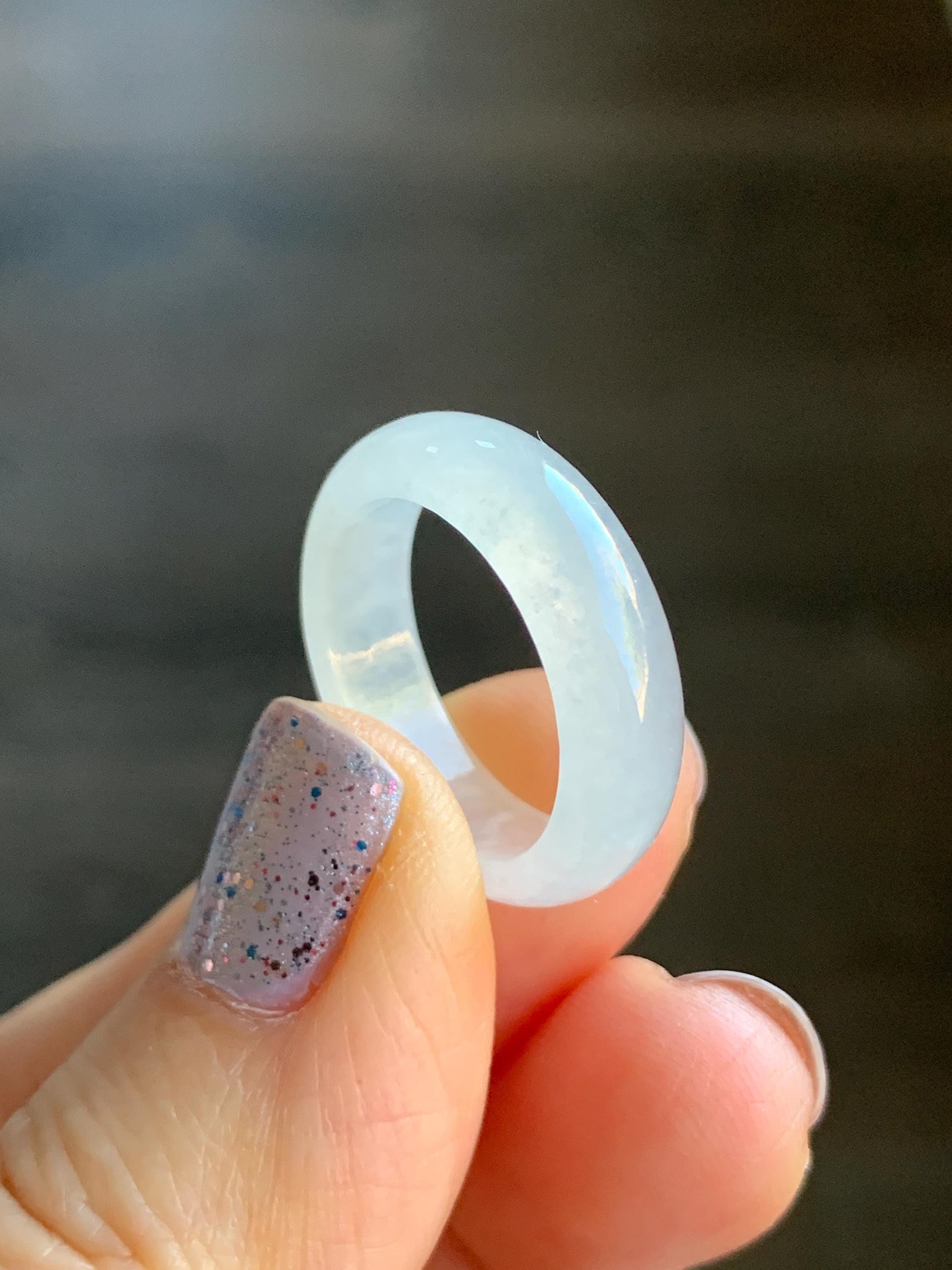 Natural Burmese Grade A Icy Highly Translucent Gelatinous White Jadeite Wide Band Ring Size 6.5 US 3g 天然缅甸白冰起光翡翠戒圈 BGQ-A