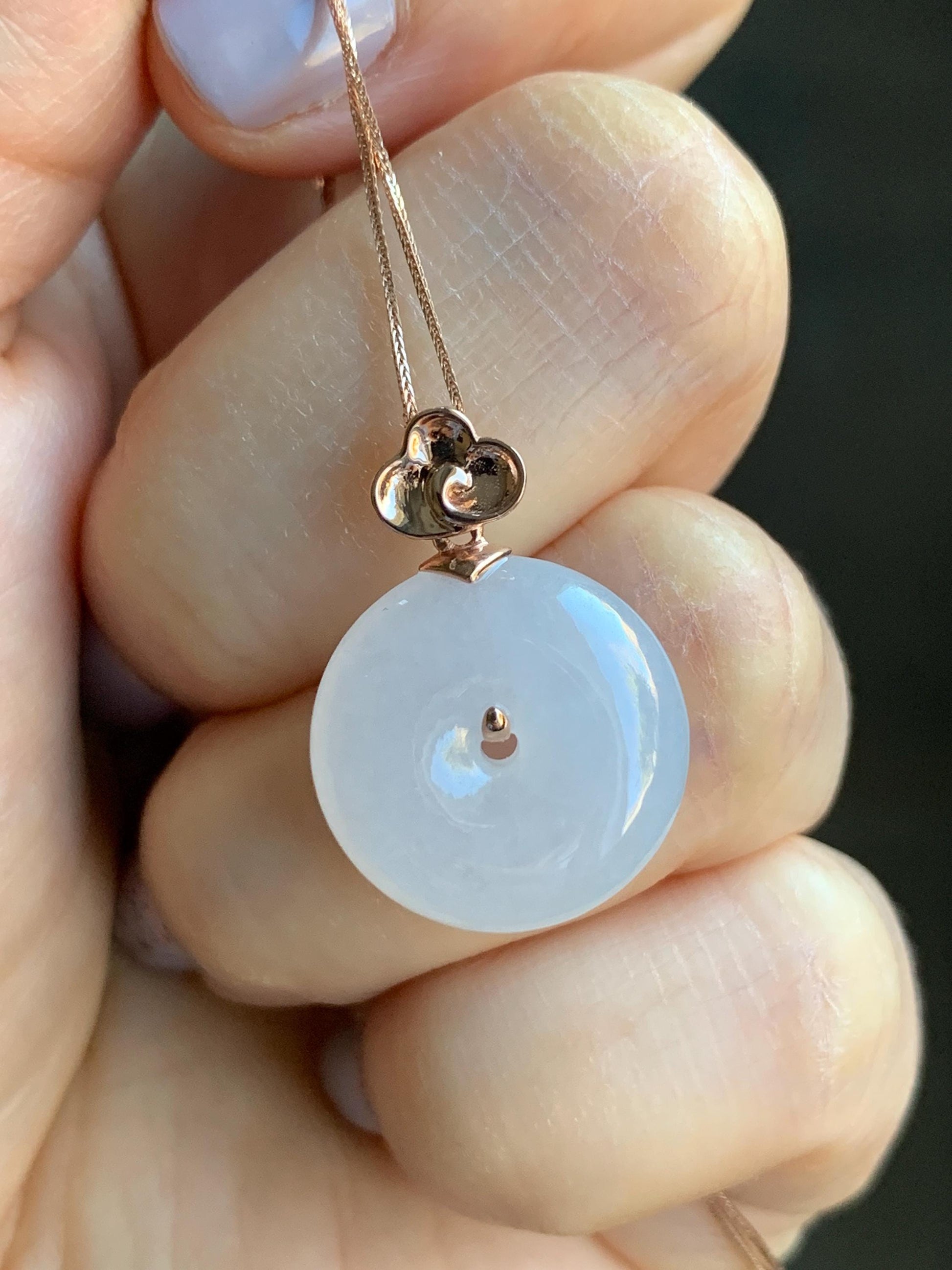 Certified Natural Burmese Icy Translucent Gelatinous White Jadeite Ping An Kou Donut Pendant 18K Rose Gold 4g 天然缅甸冰胶白色粉底翡翠平安扣玫瑰金镶嵌吊坠 7425
