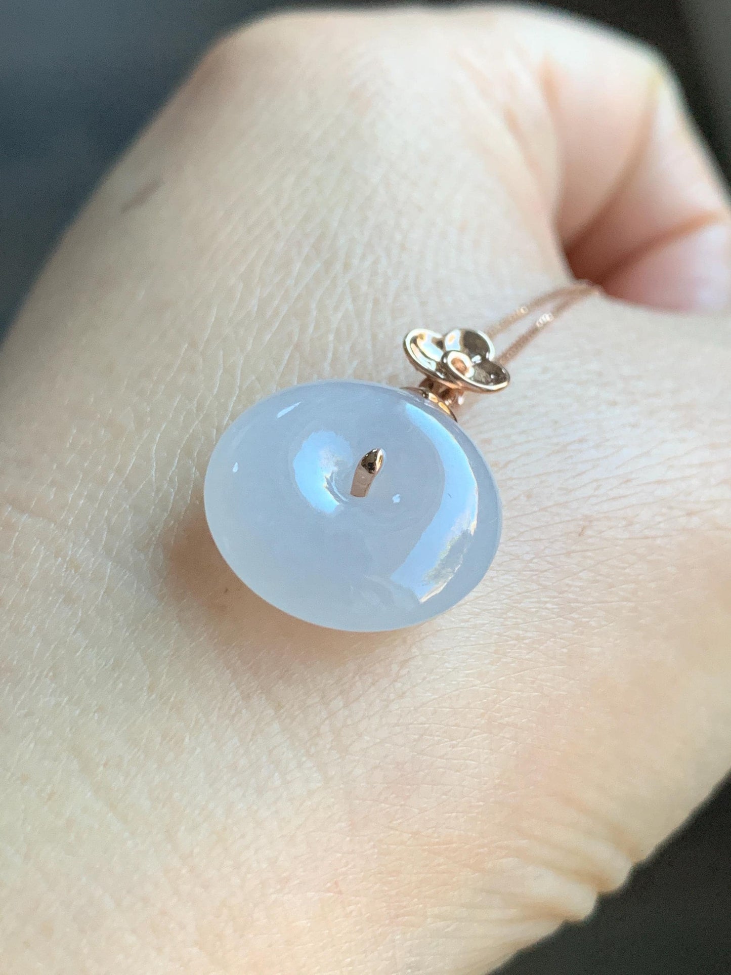 Certified Natural Burmese Icy Translucent Gelatinous White Jadeite Ping An Kou Donut Pendant 18K Rose Gold 4g 天然缅甸冰胶白色粉底翡翠平安扣玫瑰金镶嵌吊坠 7425