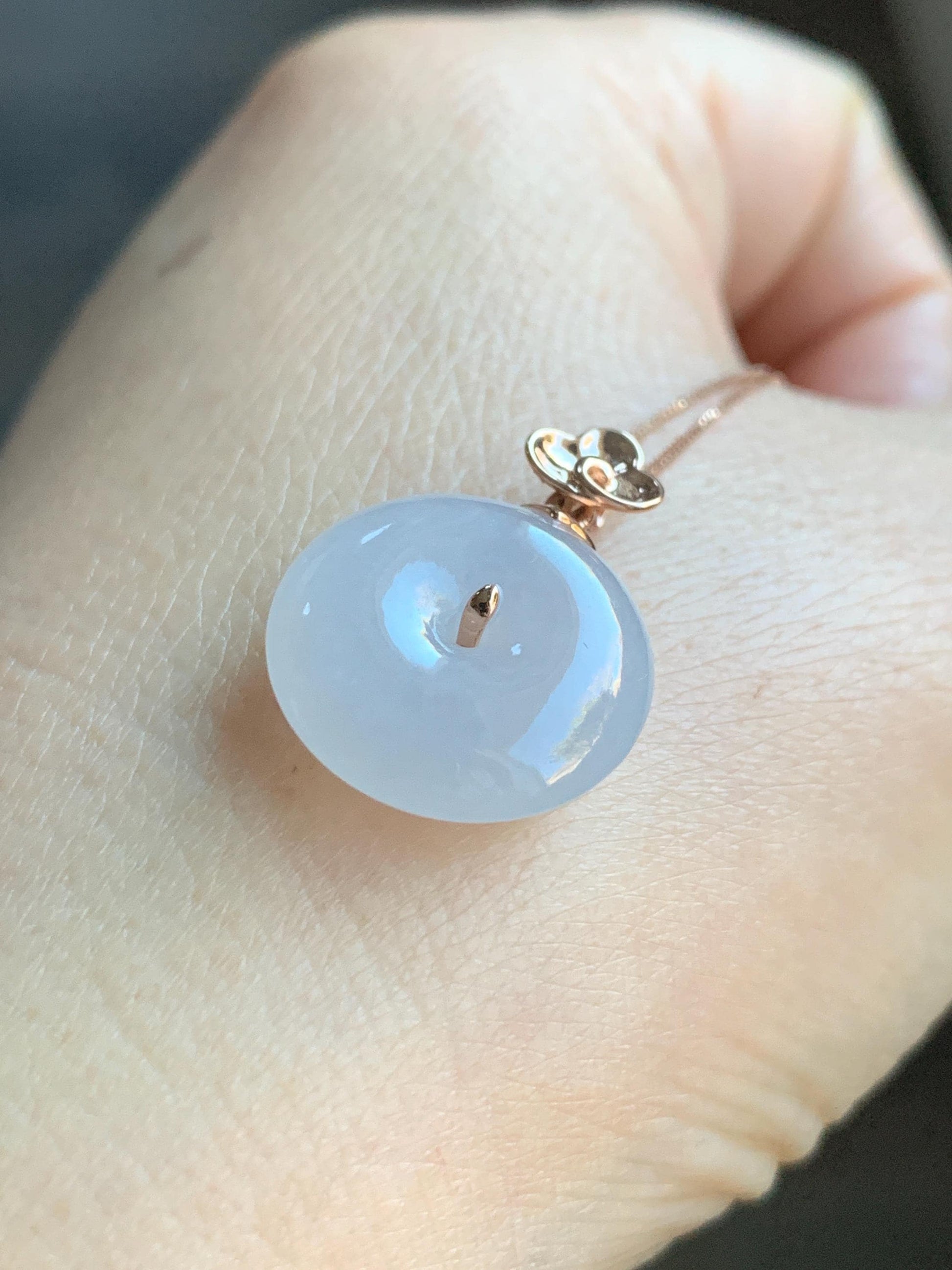 Certified Natural Burmese Icy Translucent Gelatinous White Jadeite Ping An Kou Donut Pendant 18K Rose Gold 4g 天然缅甸冰胶白色粉底翡翠平安扣玫瑰金镶嵌吊坠 7425