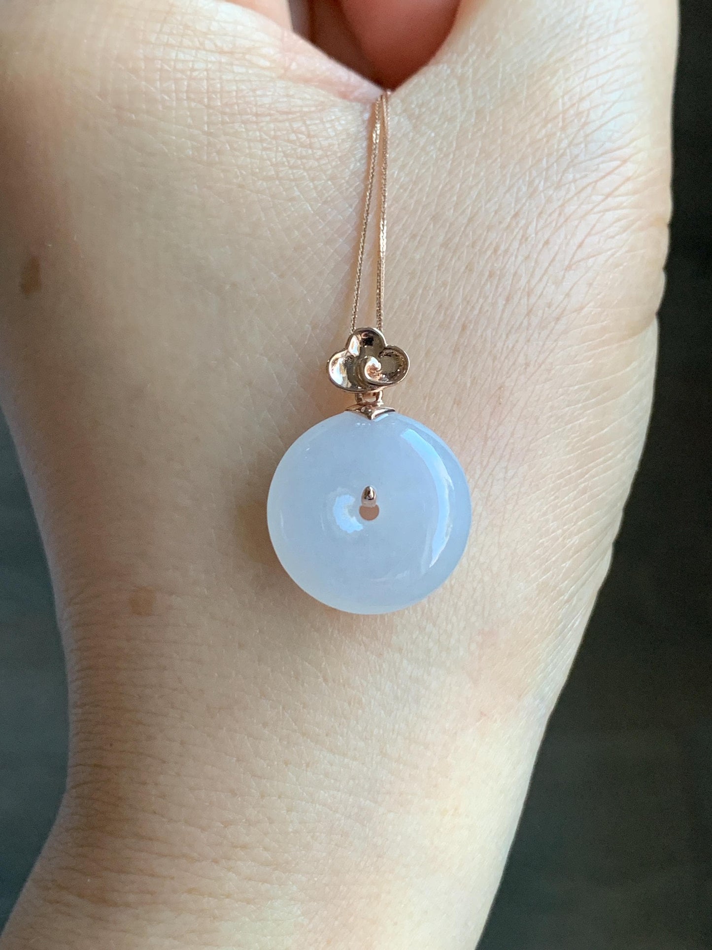 Certified Natural Burmese Icy Translucent Gelatinous White Jadeite Ping An Kou Donut Pendant 18K Rose Gold 4g 天然缅甸冰胶白色粉底翡翠平安扣玫瑰金镶嵌吊坠 7425
