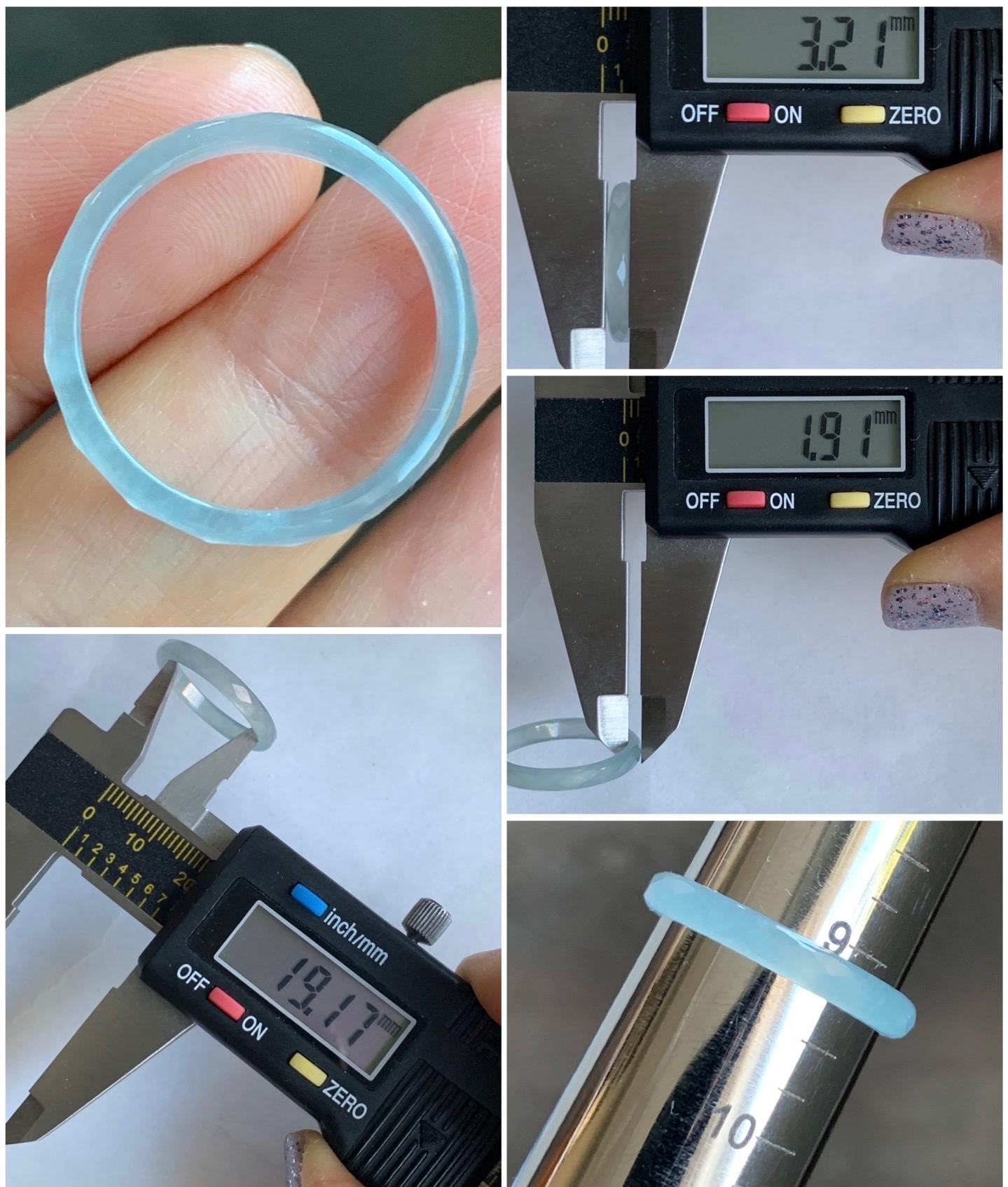 Natural Guatemalan Icy Highly Translucent Gelatinous Pale Blue Jadeite Diamond Faceted Slim Band Ring Size 9.25 US 天然冰危浅蓝起光翡翠切割面戒圈 ZQB9