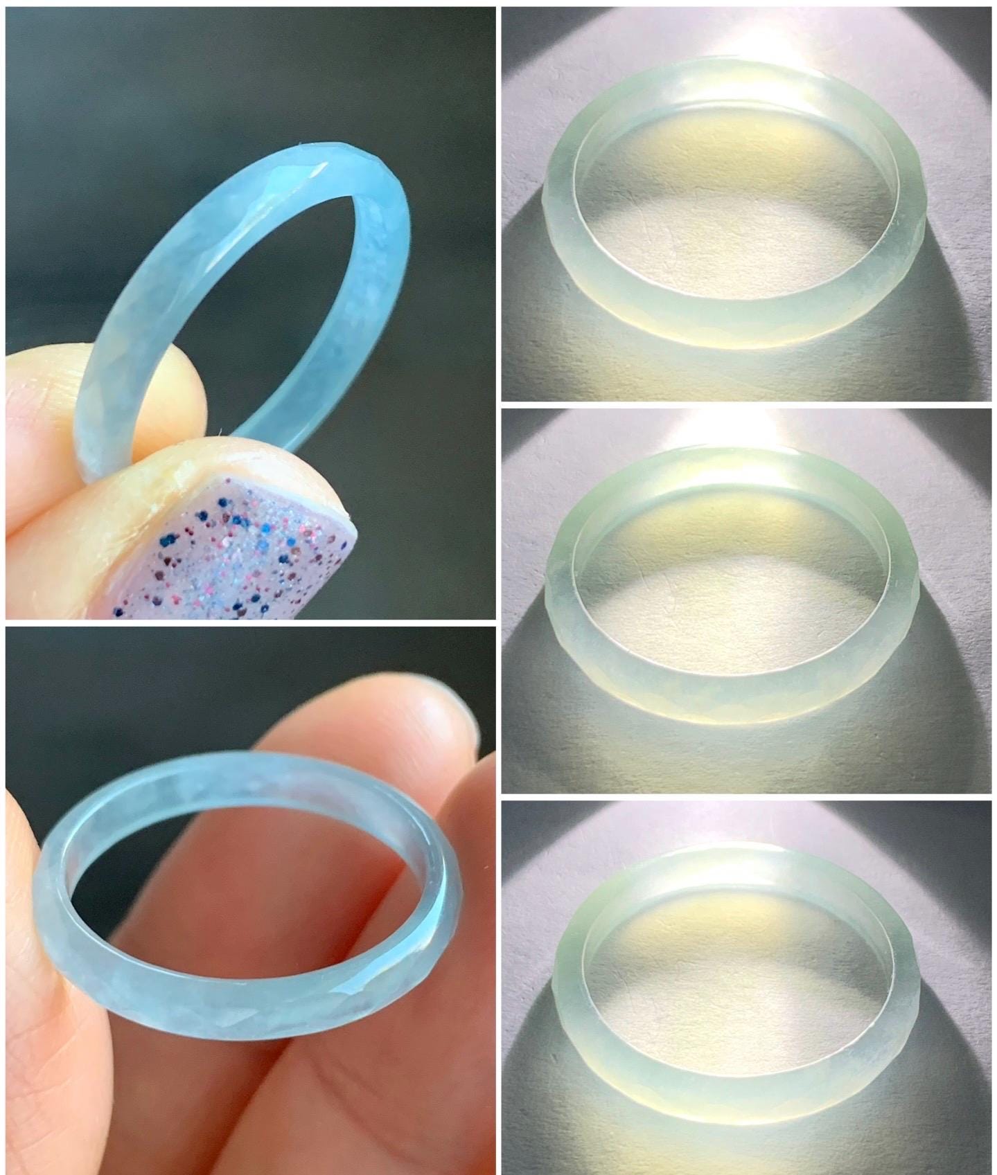 Natural Guatemalan Icy Highly Translucent Gelatinous Pale Blue Jadeite Diamond Faceted Slim Band Ring Size 9.25 US 天然冰危浅蓝起光翡翠切割面戒圈 ZQB9