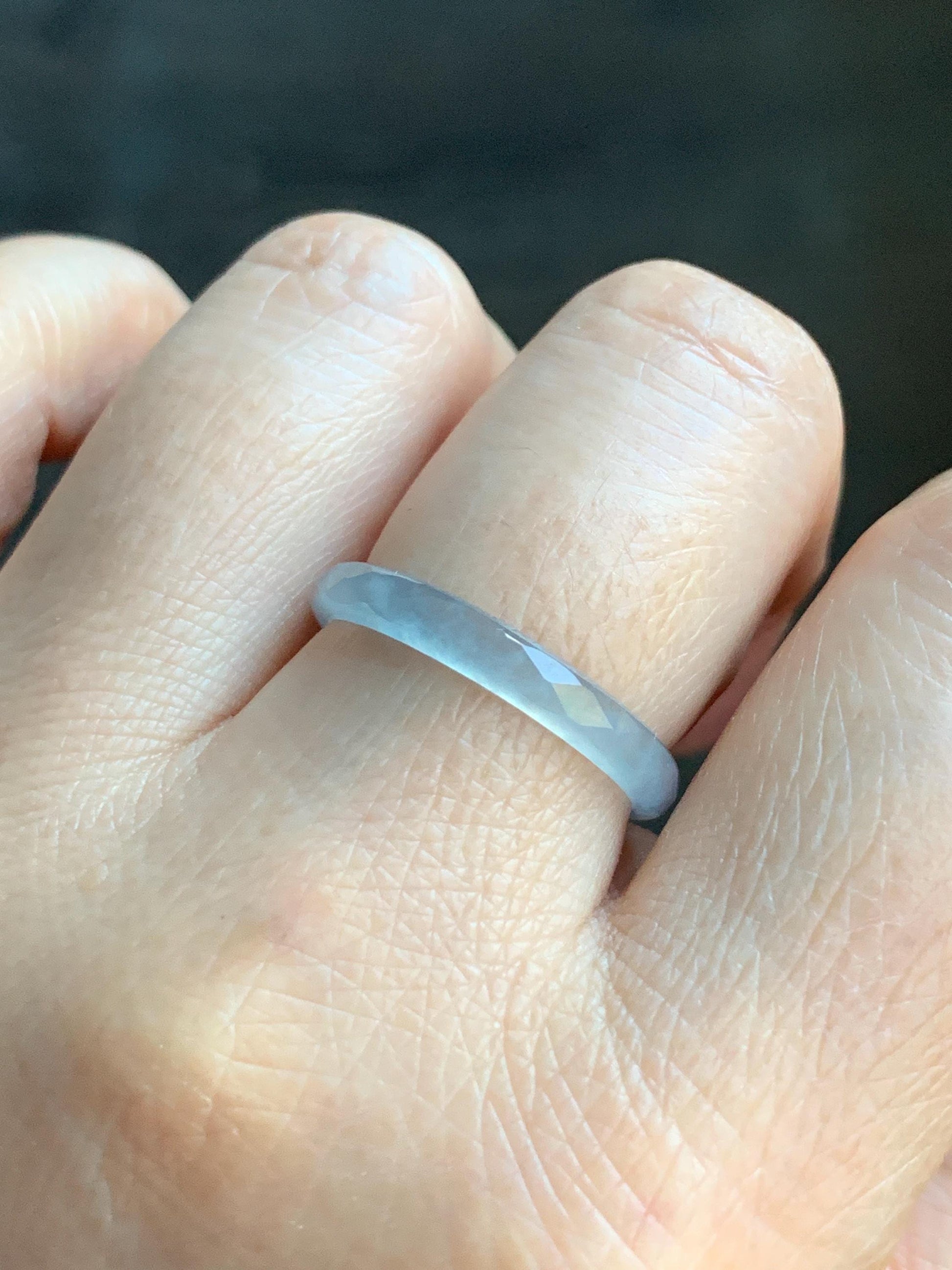 Natural Guatemalan Icy Highly Translucent Gelatinous Pale Blue Jadeite Diamond Faceted Slim Band Ring Size 9.25 US 天然冰危浅蓝起光翡翠切割面戒圈 ZQB9