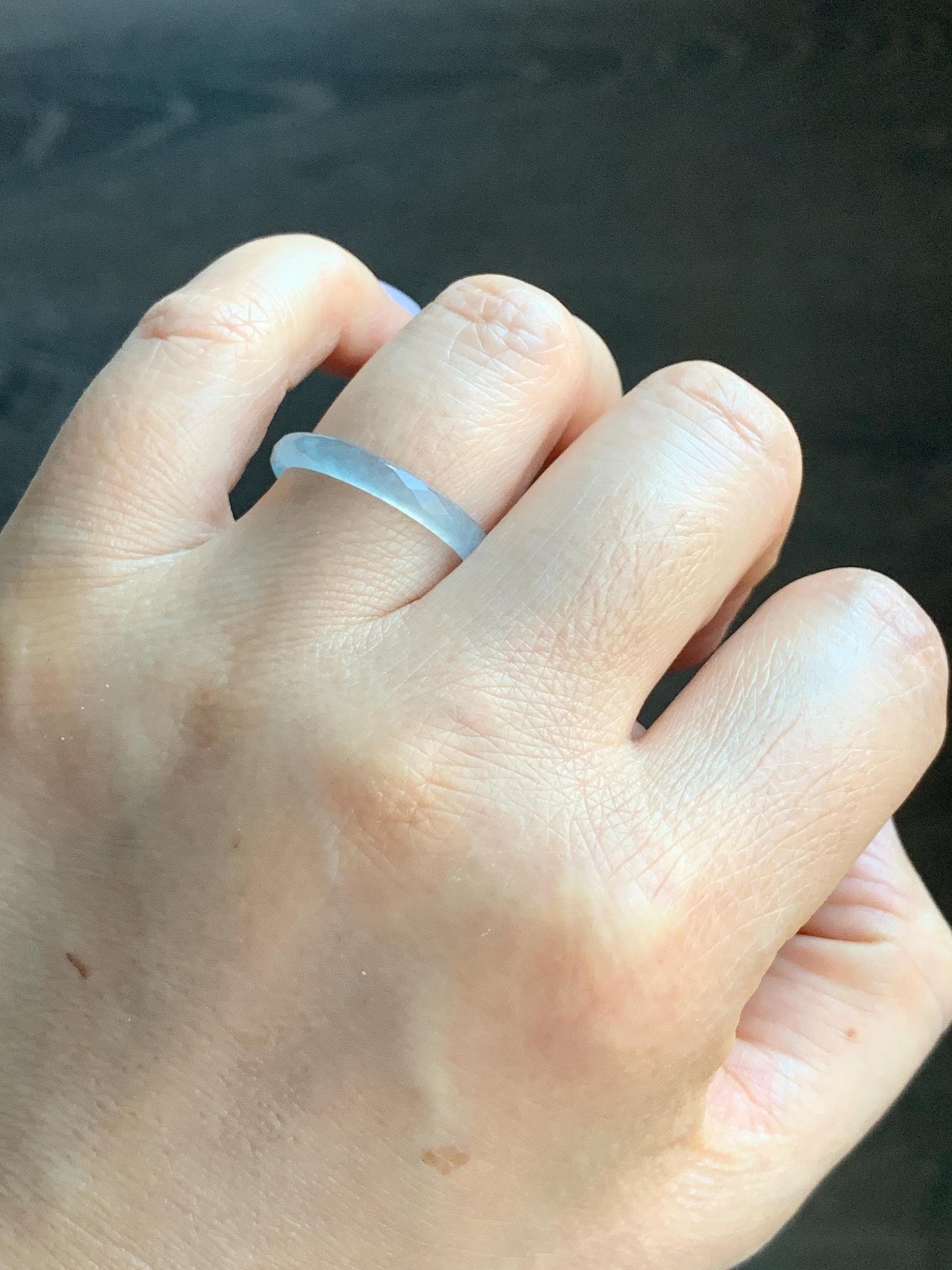 Natural Guatemalan Icy Highly Translucent Gelatinous Pale Blue Jadeite Diamond Faceted Slim Band Ring Size 9.25 US 天然冰危浅蓝起光翡翠切割面戒圈 ZQB9