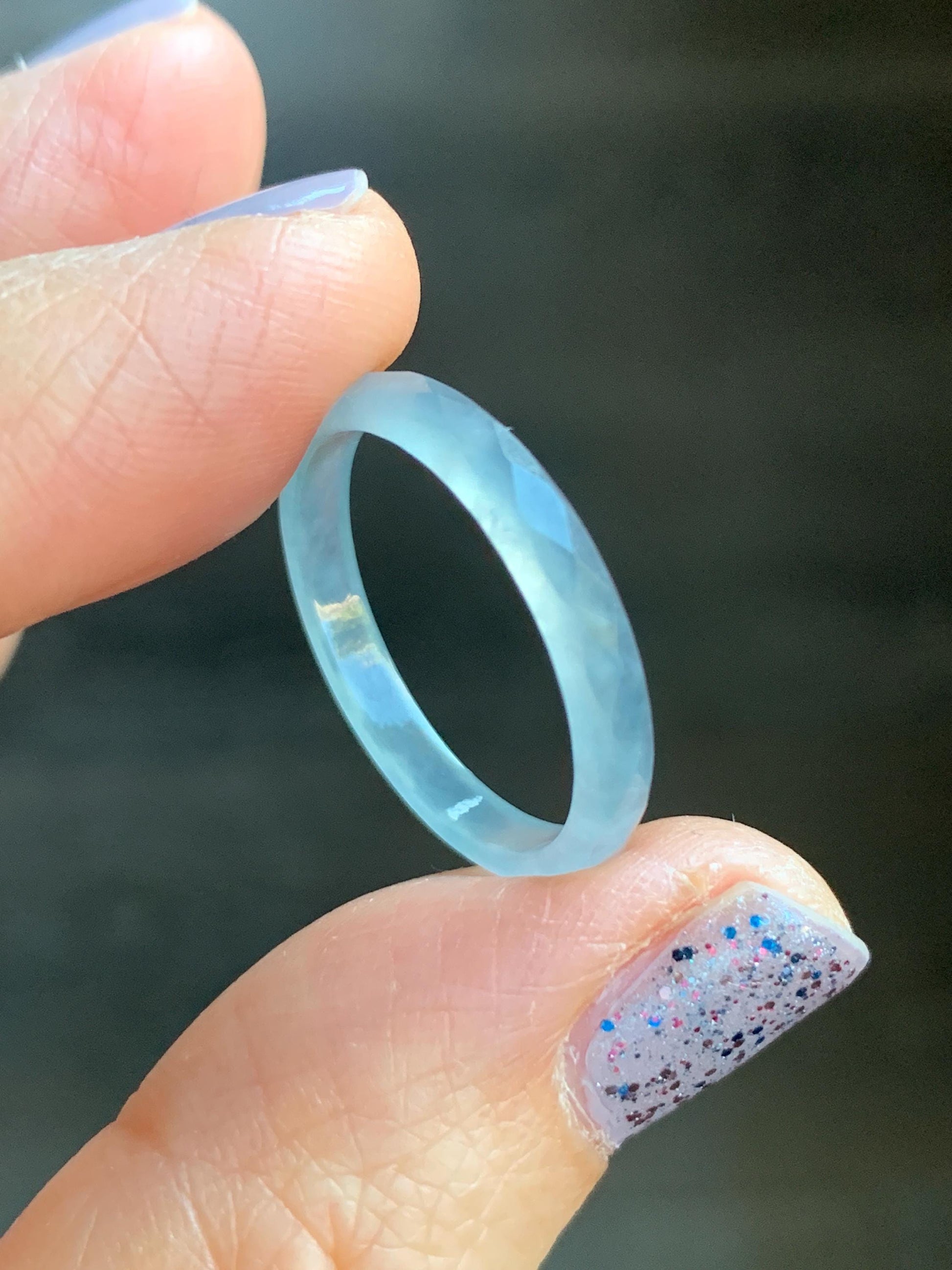 Natural Guatemalan Icy Highly Translucent Gelatinous Pale Blue Jadeite Diamond Faceted Slim Band Ring Size 9.25 US 天然冰危浅蓝起光翡翠切割面戒圈 ZQB9