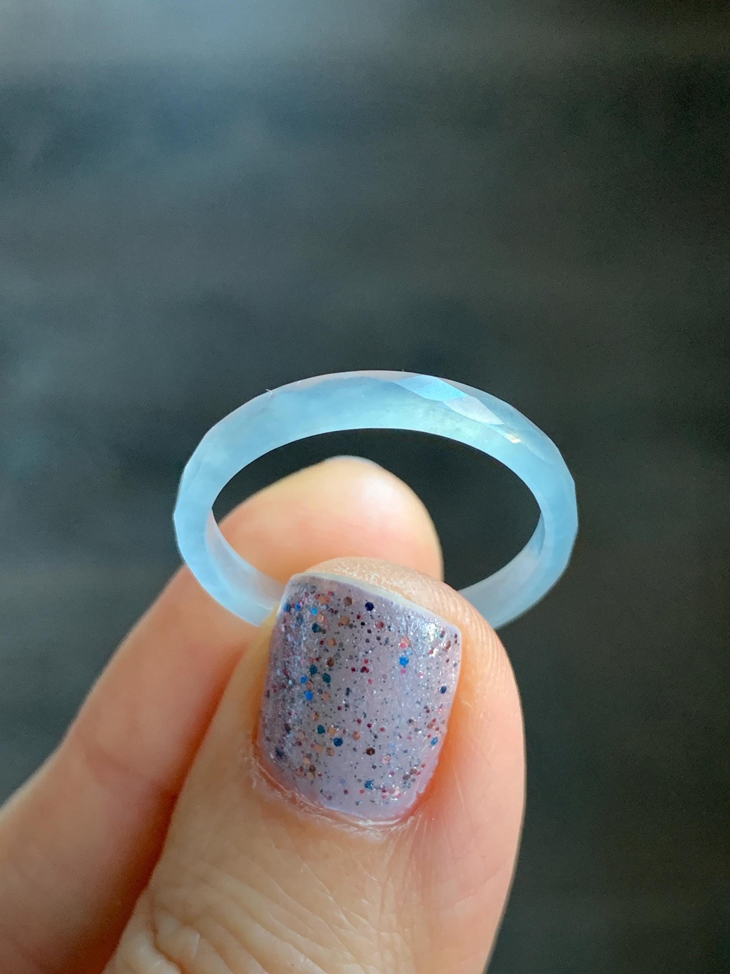 Natural Guatemalan Icy Highly Translucent Gelatinous Pale Blue Jadeite Diamond Faceted Slim Band Ring Size 9.25 US 天然冰危浅蓝起光翡翠切割面戒圈 ZQB9