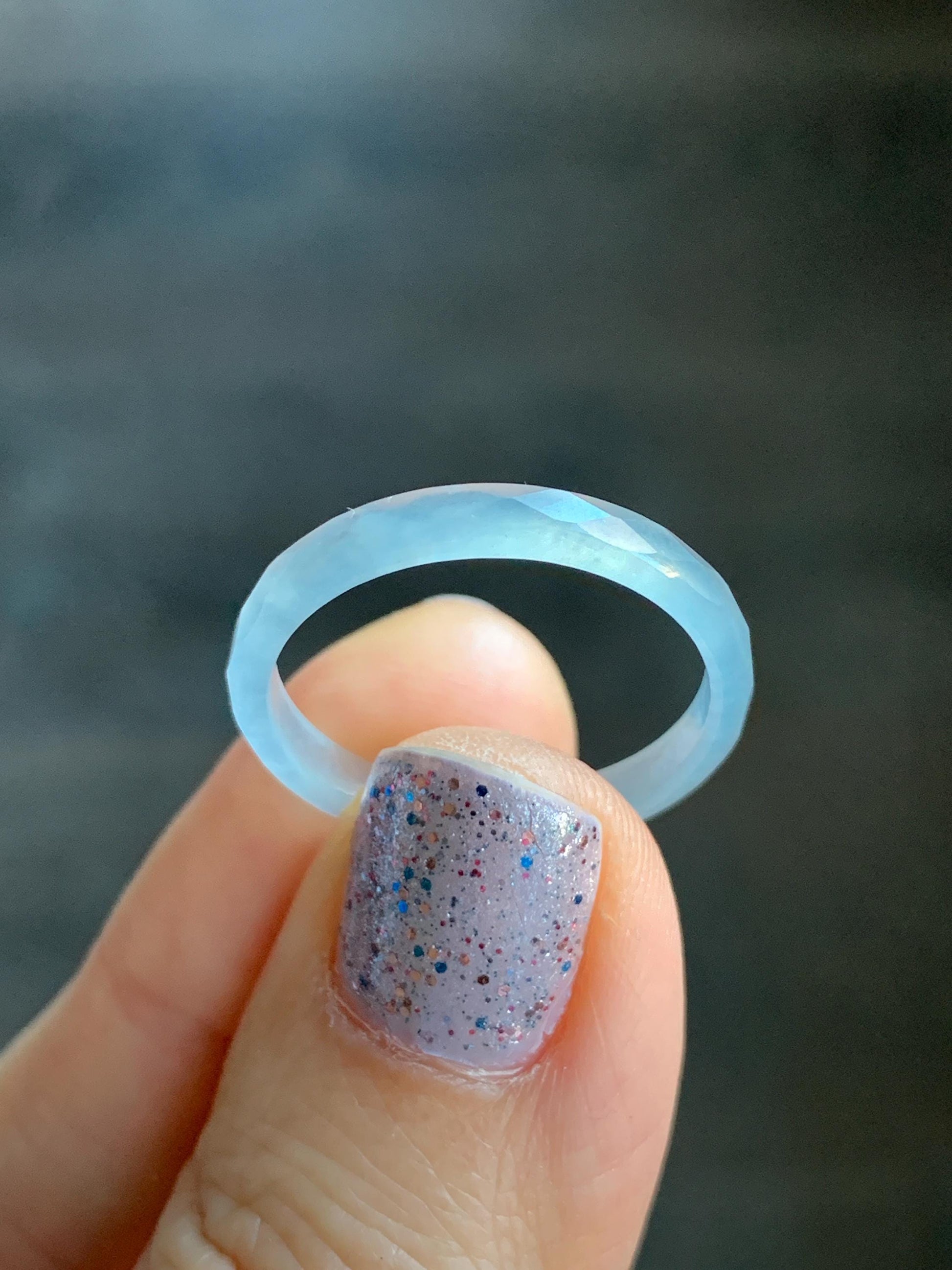 Natural Guatemalan Icy Highly Translucent Gelatinous Pale Blue Jadeite Diamond Faceted Slim Band Ring Size 9.25 US 天然冰危浅蓝起光翡翠切割面戒圈 ZQB9