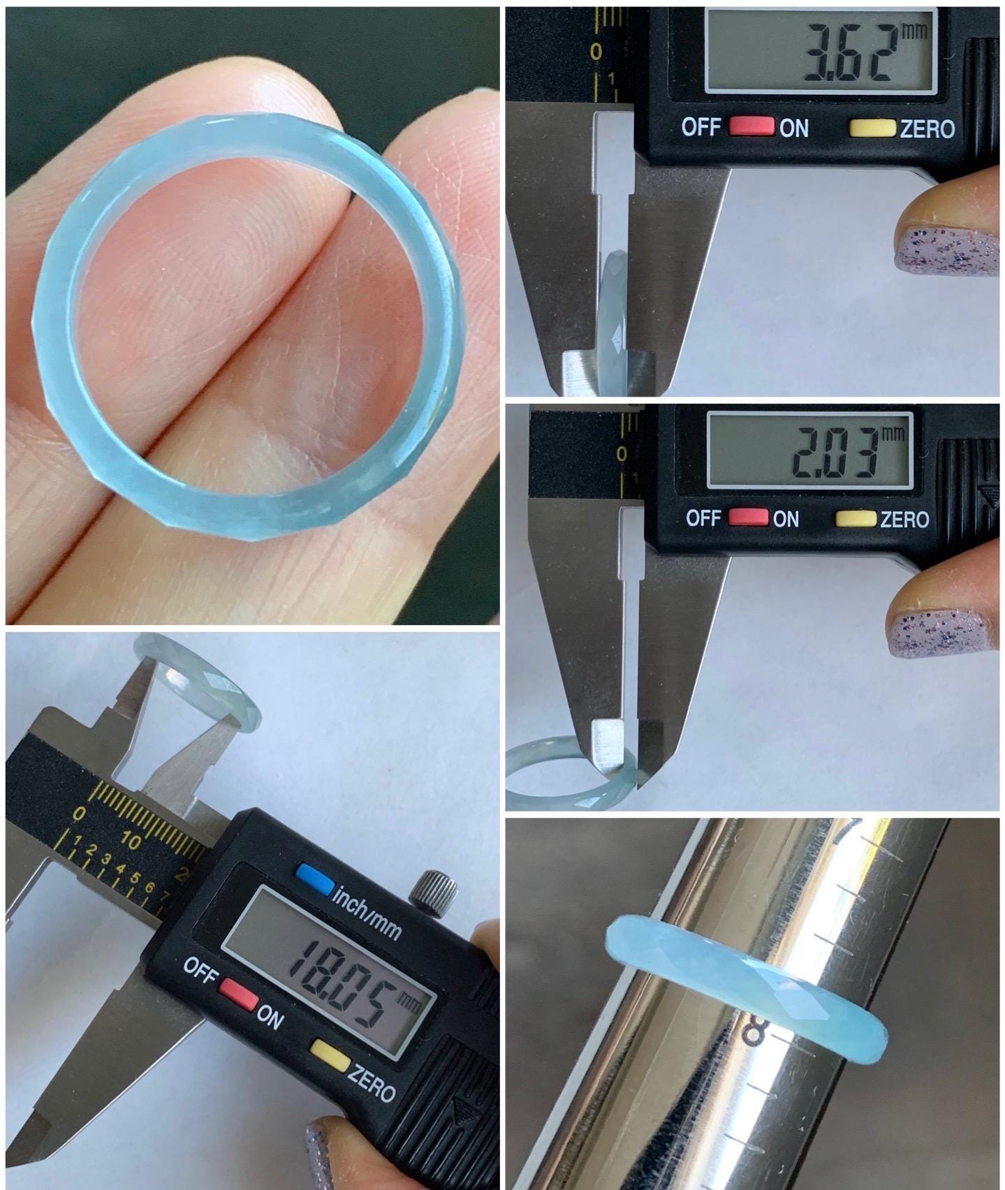 Natural Guatemalan Icy Highly Translucent Gelatinous Pale Blue Jadeite Diamond Faceted Slim Band Ring Size 7.75 US 天然冰危浅蓝起光翡翠切割面戒圈 ZQB8